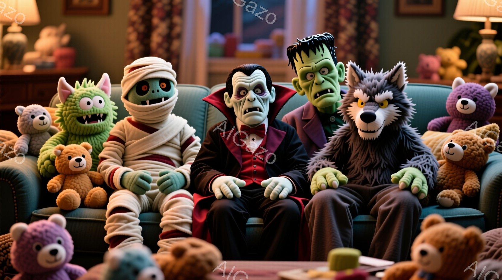 ソファにモンスターたちが座っており、それぞれ個性的な服装をしている。ドラキュラは黒いスーツに赤いシャツ、フランケンシュタインはダークグリーンのジャケット、ミイラは包帯で覆われ、狼男は毛皮のコートを着ている。背景には様々なテディベアが置かれ、暖かく、遊び心のある雰囲気を醸し出している。