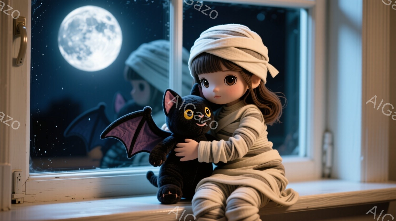 茶色の髪をゆるく巻いた少女が、ミイラの衣装を身につけて窓辺に座っています。彼女は黒いコウモリのぬいぐるみを抱きしめ、少し物憂げな表情を浮かべています。背景には満月が輝き、遠くには他のミイラのような姿も - AI生成フリー素材