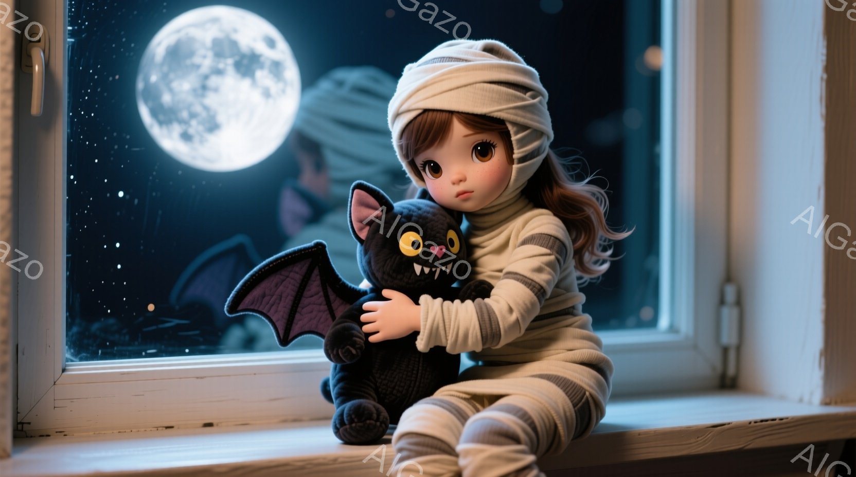 茶色の髪を少しカールさせた少女が、窓枠に座って黒いコウモリのぬいぐるみ抱きしめています。彼女は包帯のような衣装を着ており、ハロウィーンの仮装をしているようです。背景には満月が輝き、星空が広がり、夜の静 - AI生成フリー素材