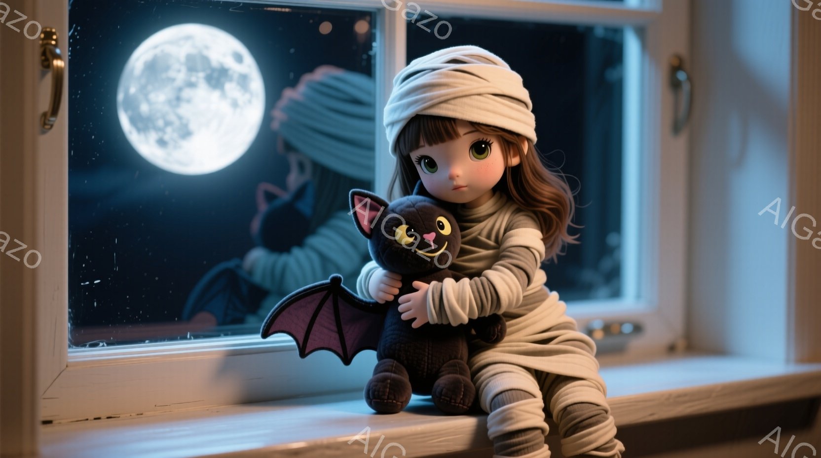 明るい月の光が差し込む窓辺に、ミイラのような包帯で身を包んだ茶髪の少女が座っています。彼女は黒いコウモリのぬいぐるみを抱きしめ、優しい表情で何かを眺めているようです。背景には暗い夜空と、ぼんやりとした - AI生成フリー素材