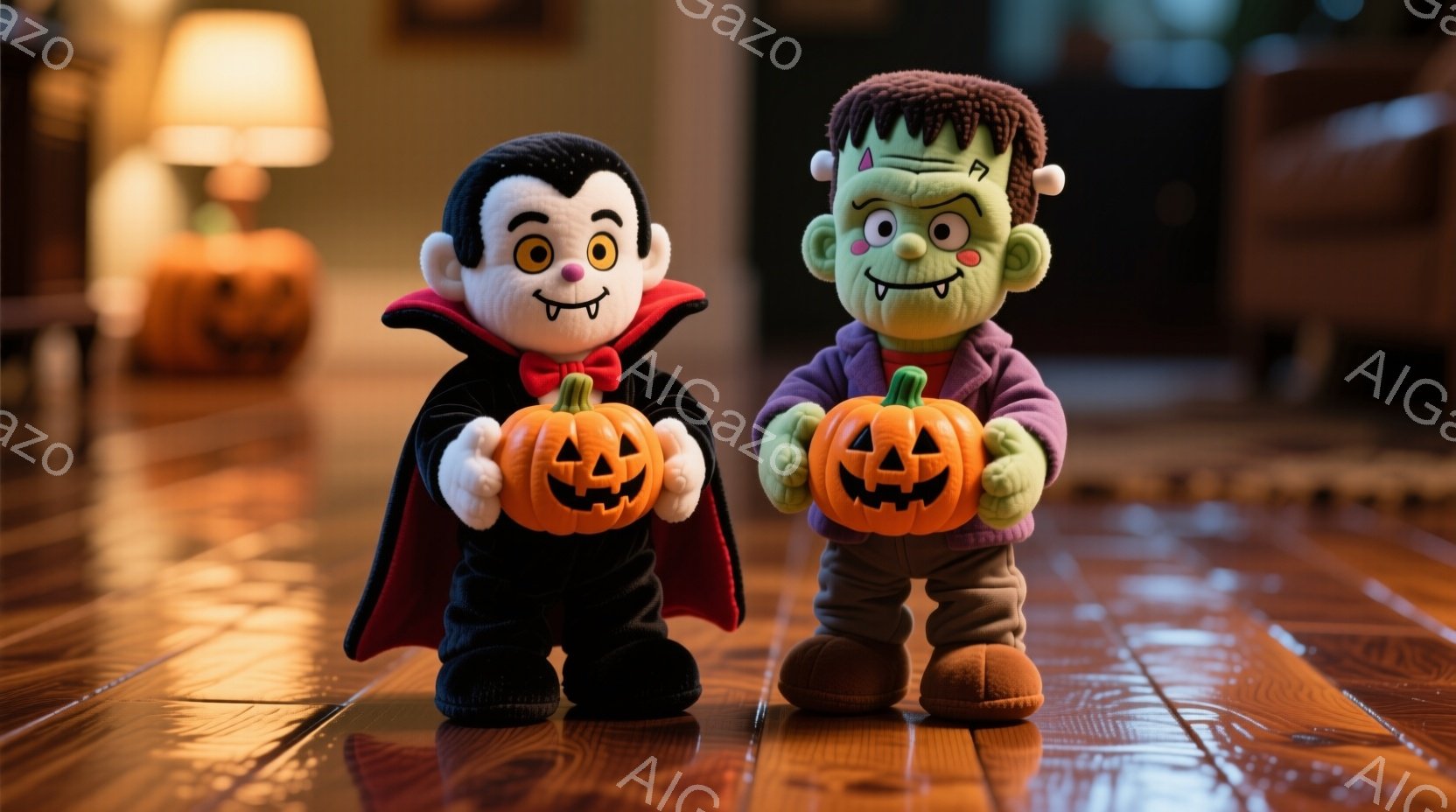 2つのぬいぐるみ、一つはドラキュラ、もう一つはフランケンシュタインが、オレンジ色の小さなカボチャのランタンをそれぞれ持っています。ドラキュラは黒い服と赤いマントを着ており、少し笑ったような表情をしてい - AI生成フリー素材