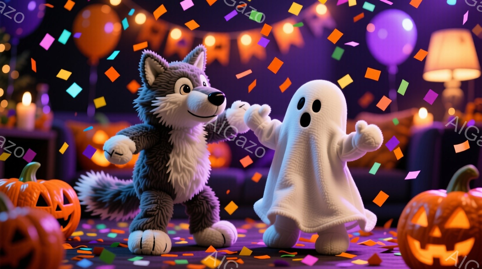 灰色の毛並みの狼のキャラクターと、白い幽霊のキャラクターが、お祝いの紙吹雪が舞う室内で肩を組んで踊っています。背景には、ジャック・オー・ランタンや風船、暖色の照明があり、ハロウィーンの楽しい雰囲気が漂 - AI生成フリー素材