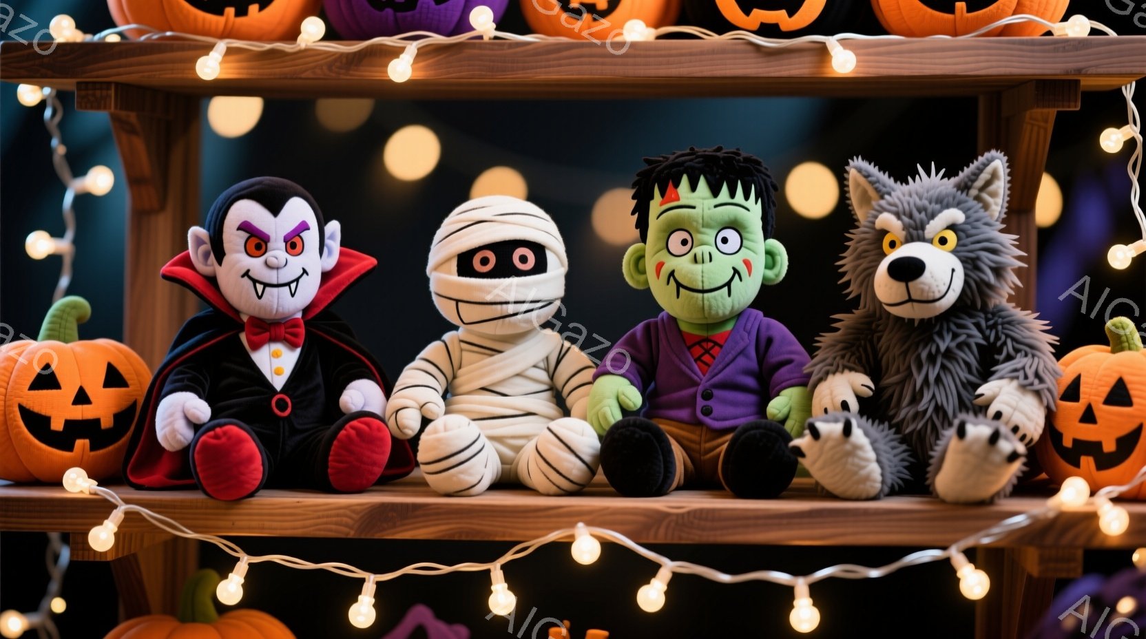 ハロウィーンの飾り付けとして、吸血鬼、ミイラ、フランケンシュタイン、狼男のぬいぐるみたちが棚に並んでいます。吸血鬼は黒いマントを着ていて、ミイラは包帯で覆われ、フランケンシュタインは緑色の肌とボルトの - AI生成フリー素材