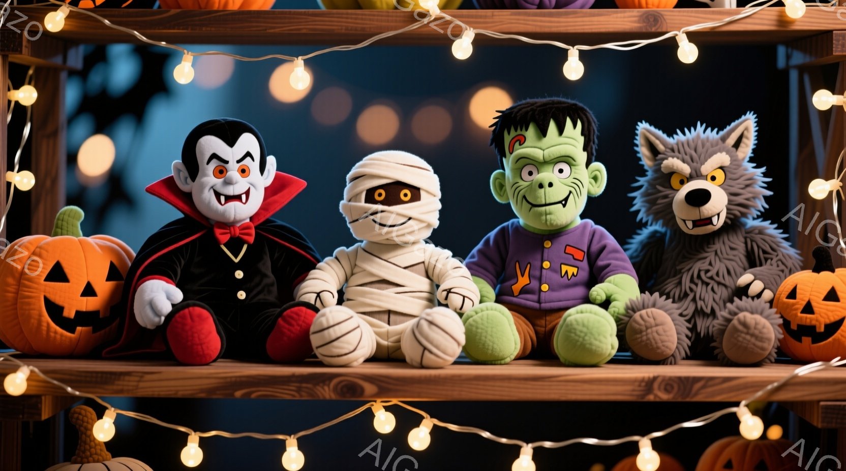 ハロウィーンの飾り付けがされた棚に、吸血鬼、ミイラ、フランケンシュタイン、狼男の人形が並んでいます。人形たちはそれぞれハロウィーンらしい服装をしており、吸血鬼は黒いマントと赤いベスト、ミイラは包帯、フ - AI生成フリー素材