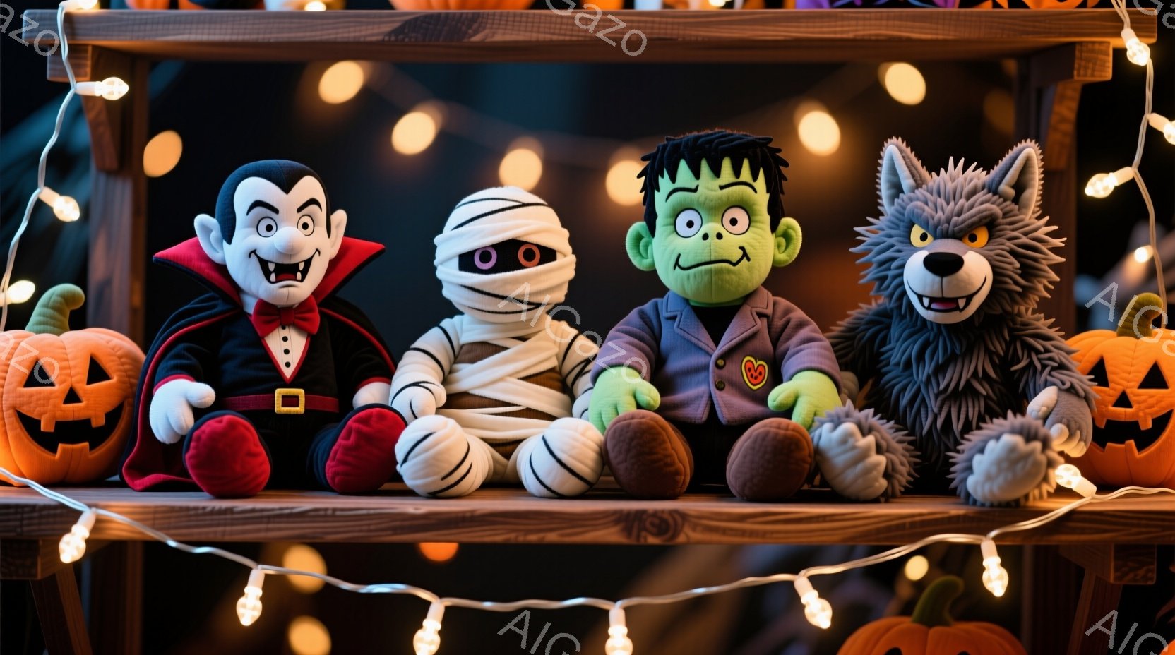 吸血鬼、ミイラ、フランケンシュタイン、狼男の４つのぬいぐるみは、オレンジ色のカボチャのランタンに挟まれて棚の上に並んでいます。それぞれのぬいぐるみは、ハロウィーンを連想させる服装を身につけ、表情豊かに - AI生成フリー素材