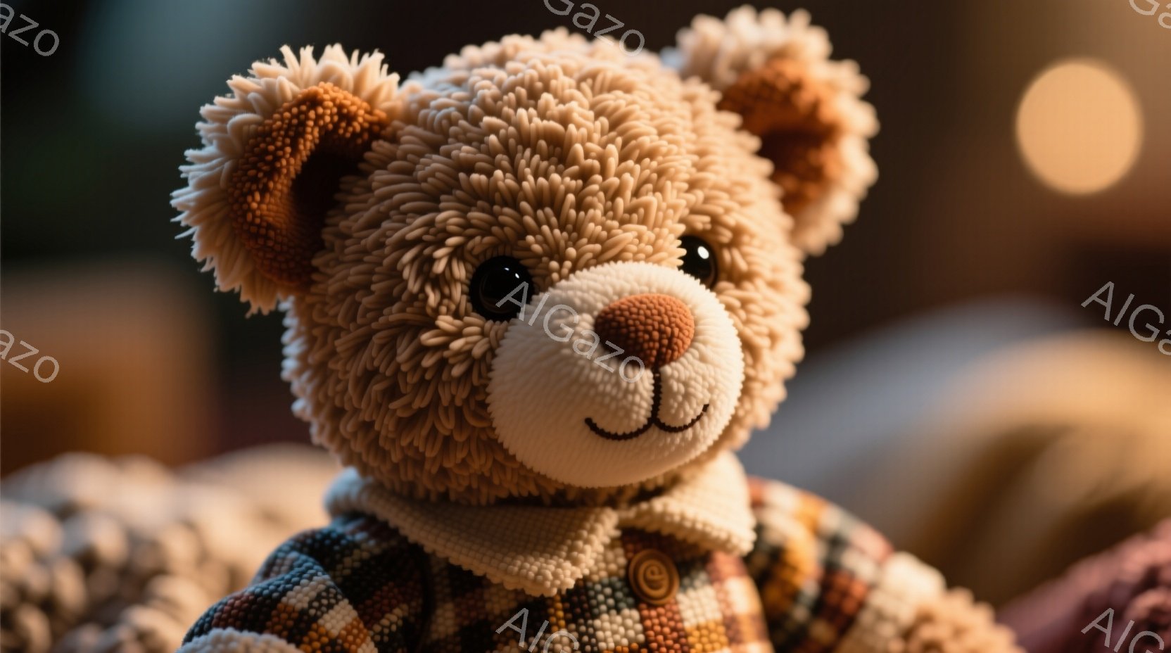 ふわふわの茶色のテディベアが、チェック柄のジャケットを着ています。つぶらな瞳とわずかな微笑みが可愛らしく、まるで生きているかのような表情をしています。背景はぼやけており、暖かく優しい雰囲気が漂っています。