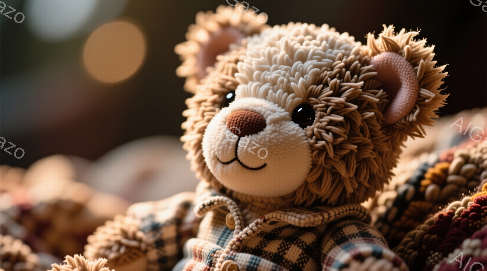 ふわふわの茶色のテディベアが、チェック柄のジャケットを着てこちらを見ています。その表情は穏やかで、可愛らしい微笑みを浮かべています。背景にはぼやけた色とりどりのニットや布地が見え、暖かく優しい雰囲気を醸し出しています。