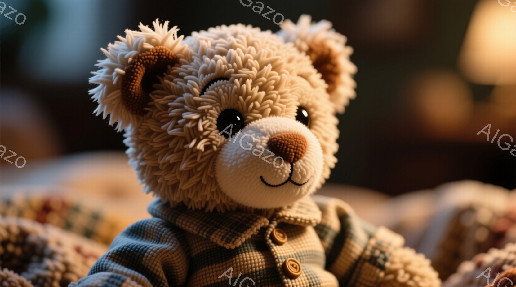 ふわふわの毛並みを持つテディベアが、緑と茶色のチェック柄のジャケットを着ています。つぶらな瞳と控えめな笑顔が愛らしい印象を与え、穏やかな雰囲気を醸し出しています。背景にはぼやけた暖色系の布地が見え、温 - AI生成フリー素材