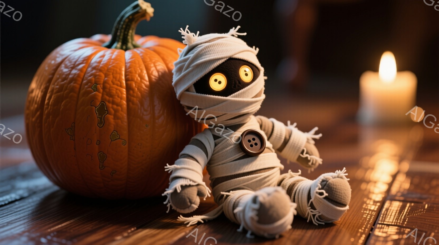 オレンジ色のカボチャの隣に、包帯で覆われた小さなミイラのおもちゃが座っています。おもちゃは丸い黒い目で、可愛らしい表情をしています。背景は木製のテーブルで、ぼんやりとした光の中でハロウィーンの雰囲気を - AI生成フリー素材