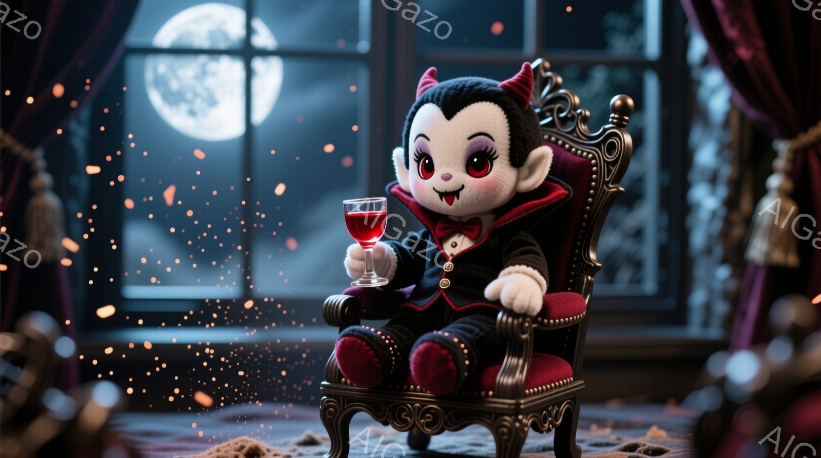 小さな吸血鬼の人形が、赤いベルベットの椅子に座ってワイングラスを持っています。人形は黒いスーツに赤いマントを羽織り、大きな目で楽しそうに微笑んでいます。背景には暗い夜空と満月、窓からは金色の光が差し込 - AI生成フリー素材