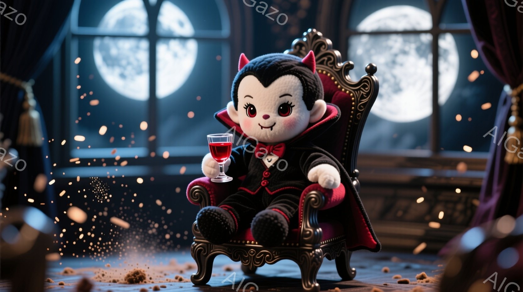 小さなテディベアが、赤いベルベットのローブと黒いスーツを着て、豪華な赤い椅子に座っています。彼は片手にワイングラスを持ち、少し微笑んでいるように見えます。背景には、月明かりが差し込む窓と、ぼんやりと見 - AI生成フリー素材