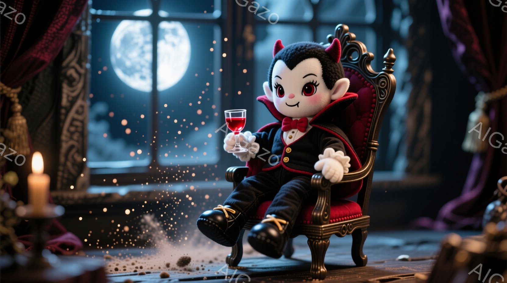 小さな吸血鬼の人形が、赤いベルベットの肘掛け椅子に座ってワイングラスを持っています。黒いスーツに赤いマントを羽織り、つややかな黒髪は左右に梳かされています。背景には、月明かりが差し込む窓と、埃っぽい木製のテーブルがあり、少し不気味でファンタジーな雰囲気が漂っています。