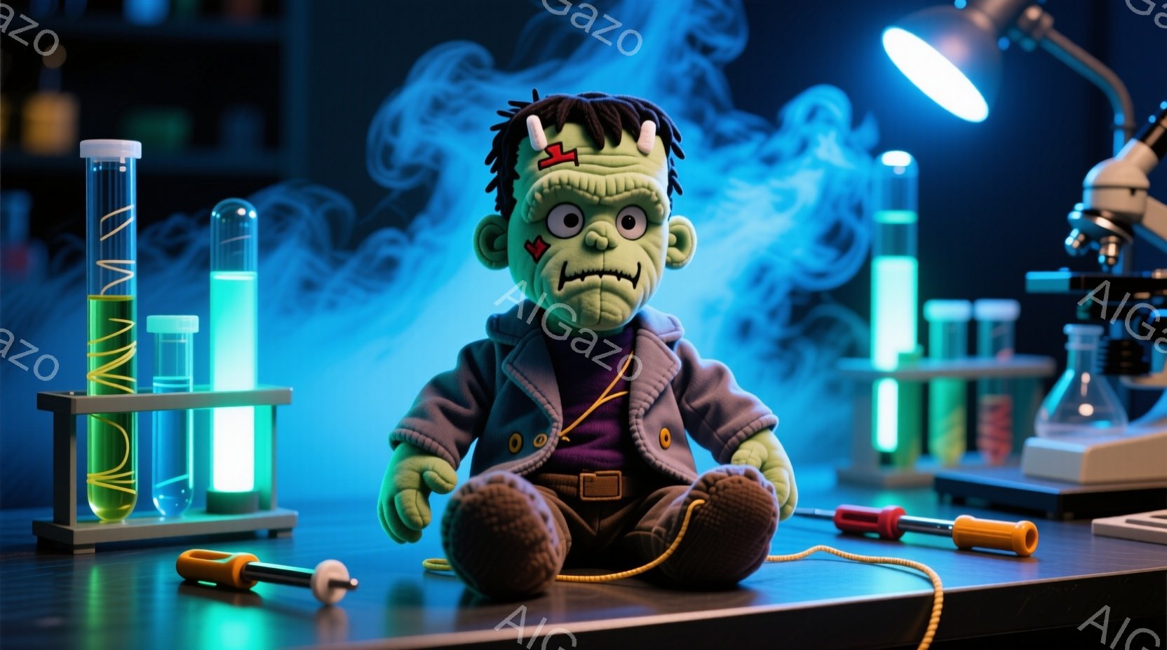 古びた本の上に、ミイラのような縫いぐるみが座っています。緑色の肌に、ぎこちない笑顔と大きな目、そして体にはX字型の縫い目が特徴的です。背景にはろうそくの光が灯り、全体的に不気味でありながらもどこか愛ら - AI生成フリー素材