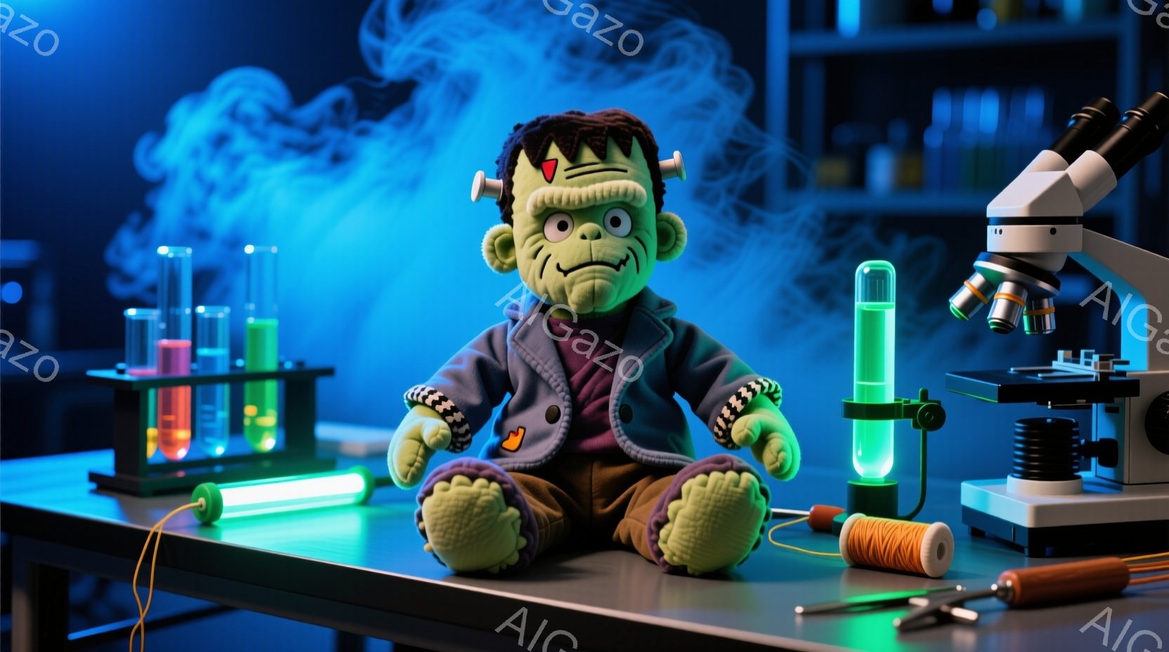 緑色の肌をしたフランケンシュタインの縫いぐるみが、テーブルの上に座っています。彼はオレンジ色の髪、黒い眉毛、そして少し微笑んだ表情をしています。背景には試験管や顕微鏡、糸などがあり、実験室のような雰囲気で、緑色の照明が幻想的な雰囲気を醸し出しています。