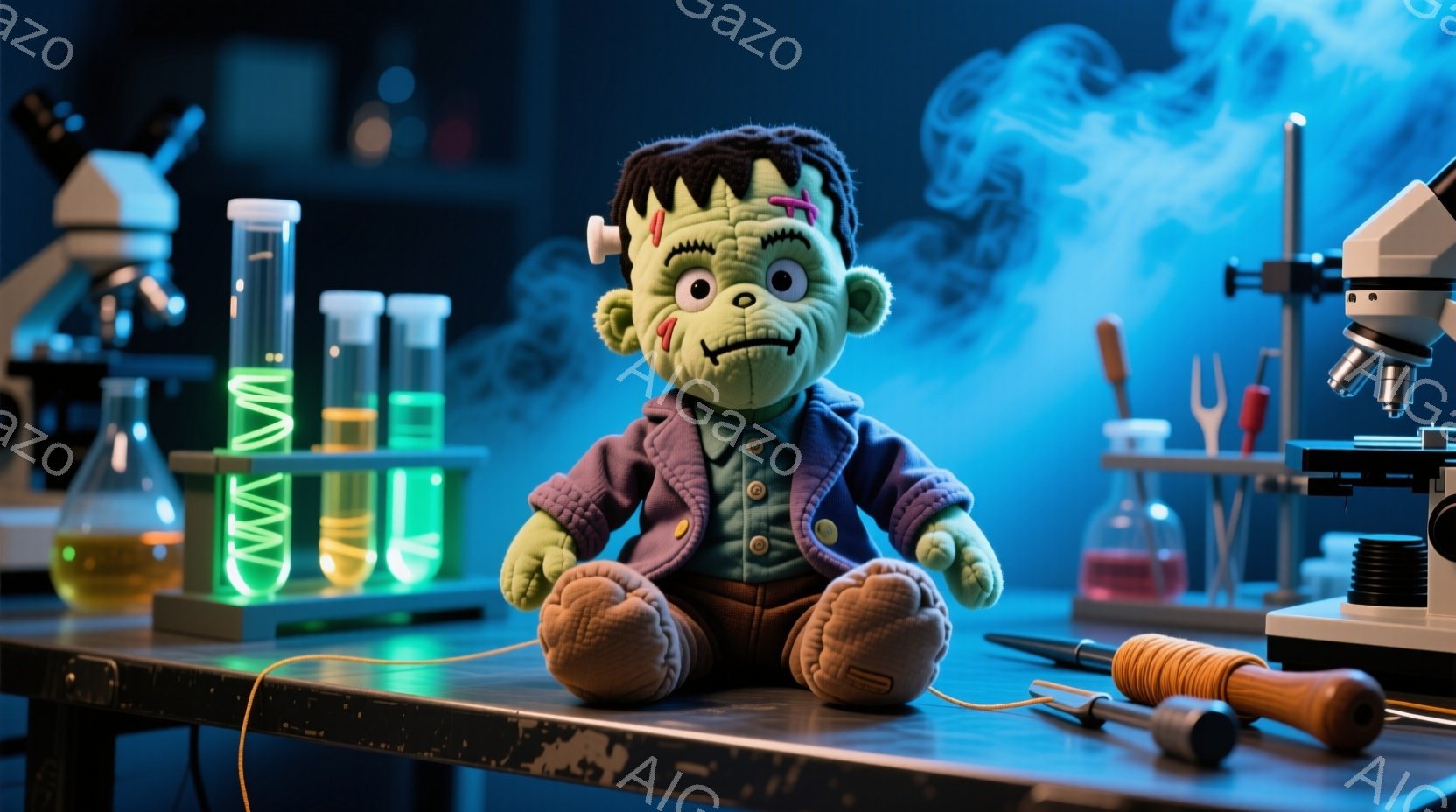 緑色の肌のフランケンシュタインのぬいぐるみは、緑色のジャケットと茶色のズボンを身に着けて、実験台の上に座っています。顔には縫い目の跡があり、少し不気味ながらも可愛らしい表情をしています。背景には試験管や顕微鏡、実験器具が配置され、実験室のような雰囲気で、青い煙が立ち込めています。
