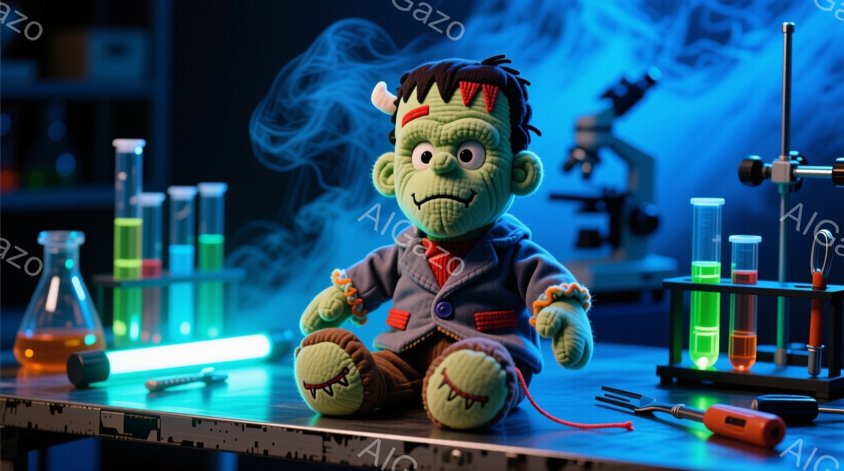 フランケンシュタインのモンスターを模した、可愛らしいぬいぐるみのおもちゃが描かれています。緑色の肌に黒い髪型で、縫い目が見える表情豊かな顔をしており、青いジャケットとズボンを着用しています。背景には試 - AI生成フリー素材