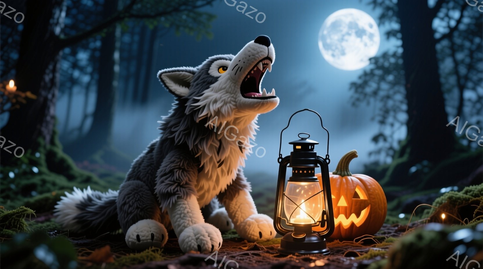 灰色の毛並みの可愛らしいオオカミが、口を開けて遠吠えをしています。周囲にはハロウィーンのランタンとジャック・オ・ランタンが置かれ、背景には暗い森と満月がぼんやりと見えます。 全体的に、少し不気味で幻想的なハロウィーンの夜の雰囲気が漂っています。