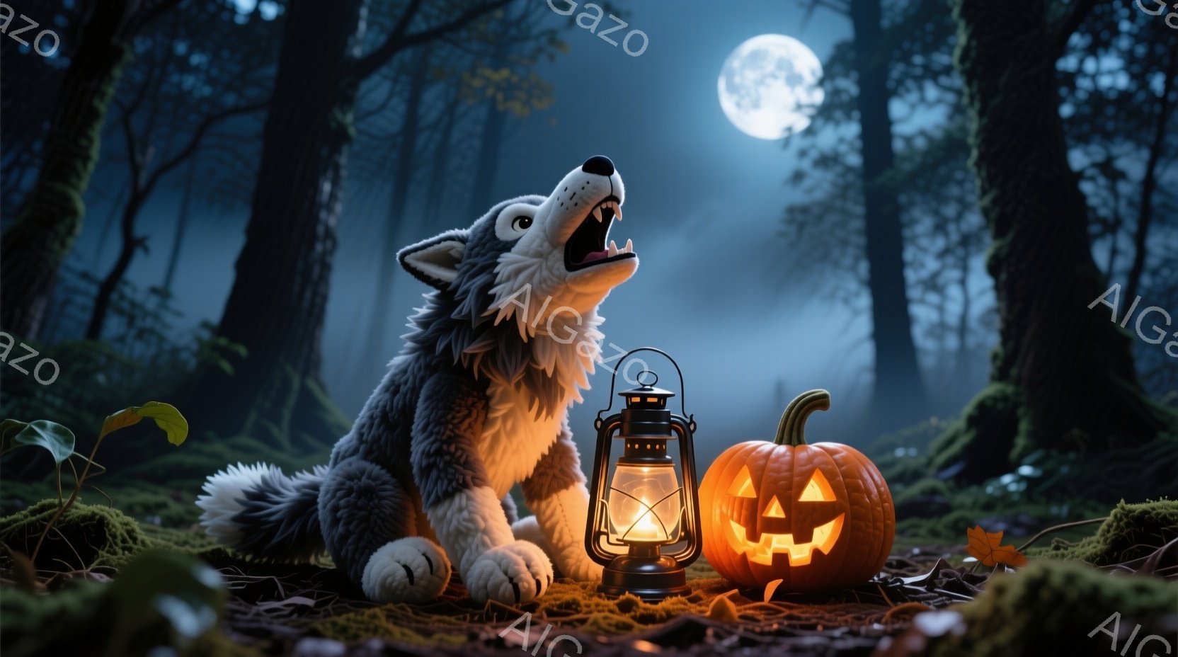灰色の毛並みを持つ子犬が、口を開けて遠吠えをしています。その前には、灯りがともったランタンと、ジャック・オー・ランタンの彫刻がされたカボチャが置かれています。背景は霧のかかった暗い森で、木々の間から満 - AI生成フリー素材