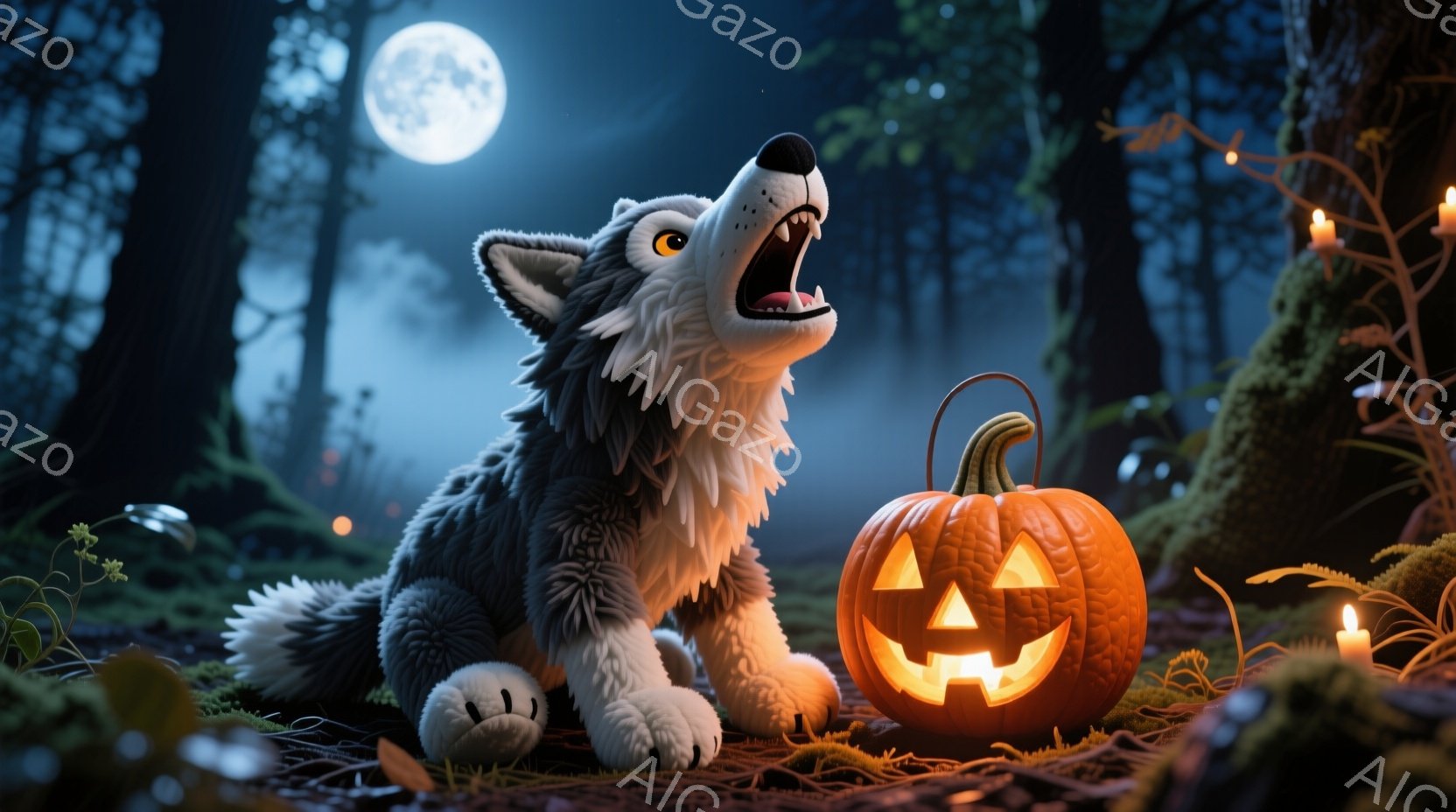 灰色の毛並みをした子犬が、口を開けて遠吠えをしています。周りには、切り開かれたカボチャのランタンや小さなロウソクが置かれ、暗い森の奥を照らしています。背景には霧のかかった木々が立ち並び、満月が不気味な雰囲気を醸し出しています。