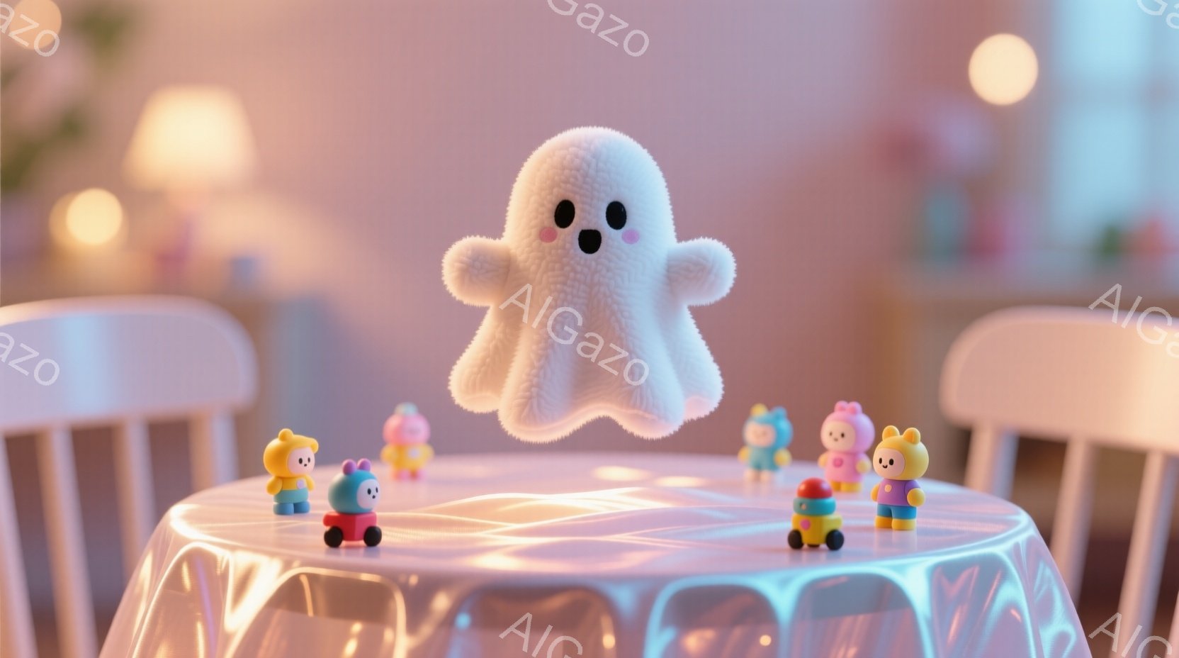 白くてふわふわとした幽霊のようなキャラクターが、テーブルの上に浮かんでいます。テーブルの上には、カラフルな衣装を着た小さな人形たちが乗り物に乗って並んでいます。背景はぼんやりとしており、暖かく優しい雰 - AI生成フリー素材