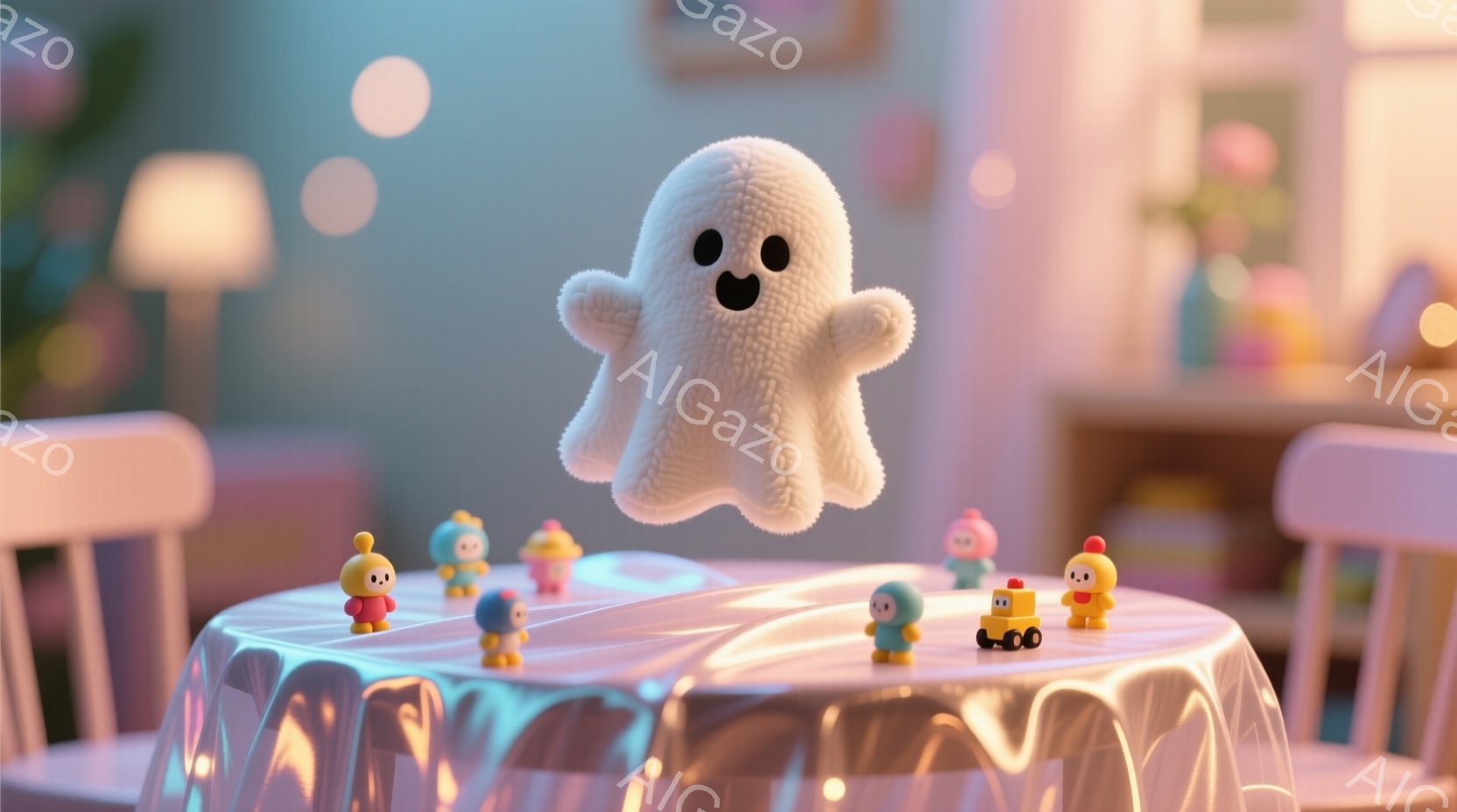 白いテーブルクロスの上に、カラフルな小さな鳥のようなキャラクターたちが集まっている。空中に浮かぶ幽霊のような白いキャラクターが、丸い黒い目でこちらを見ている。背景にはぼやけたピンクや紫の家具があり、全 - AI生成フリー素材
