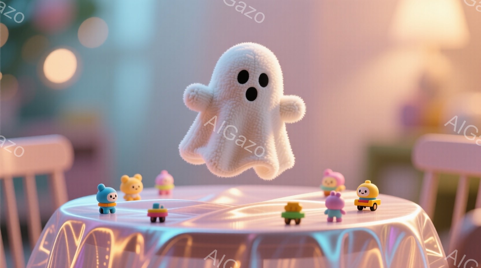 白いテーブルの上に、カラフルな小さなキャラクターたちが並んでいます。ふわふわとした白い幽霊が、その中央で浮かんでおり、黒い目玉が可愛らしい表情を作り出しています。背景はぼやけていますが、パステルカラー - AI生成フリー素材