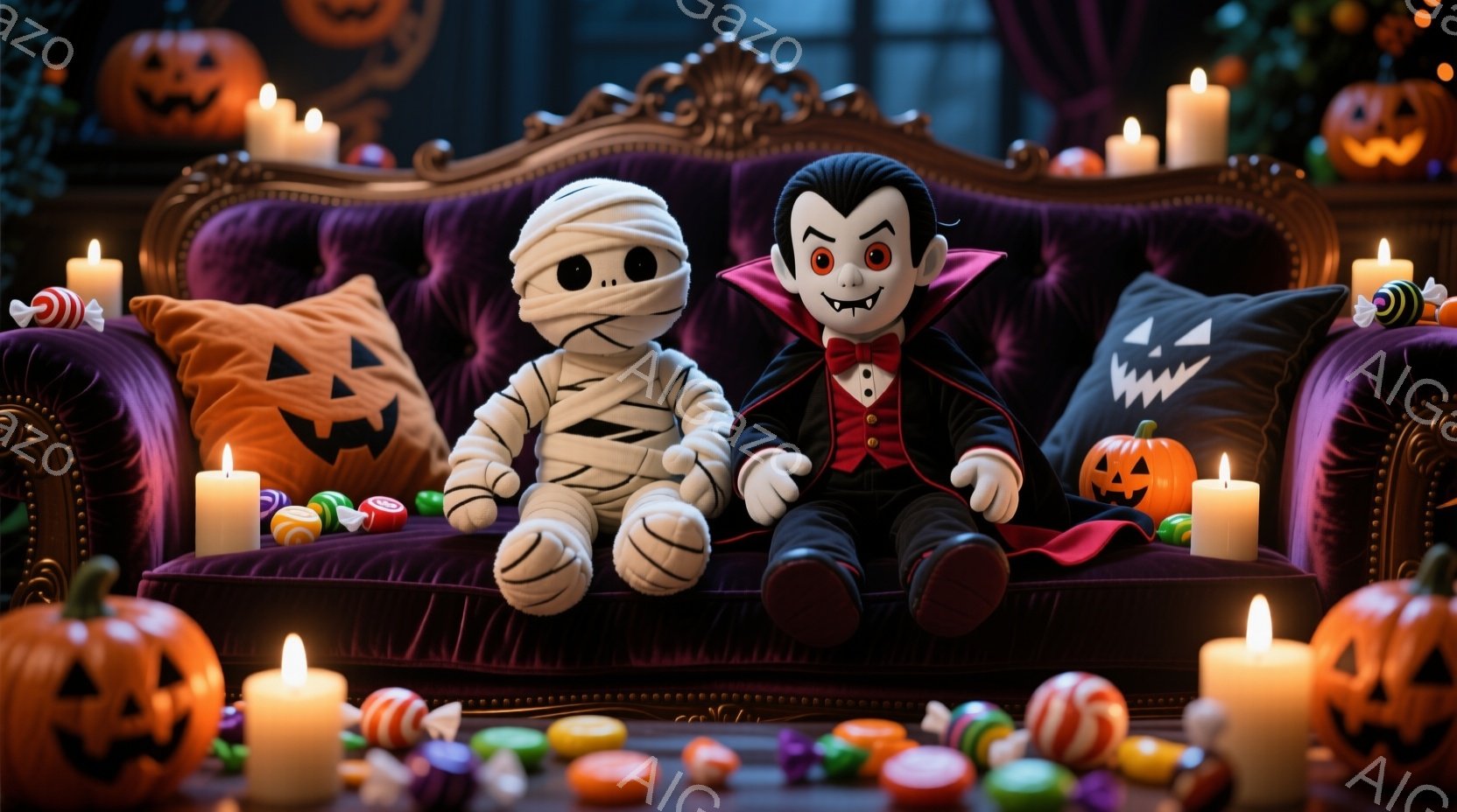 ハロウィーンをテーマにした画像で、ミイラと吸血鬼のぬいぐるみ2体が、紫色の豪華なソファに座っています。周囲には、さまざまなキャンディーと彫刻されたカボチャ、そして点灯したキャンドルが散りばめられており - AI生成フリー素材