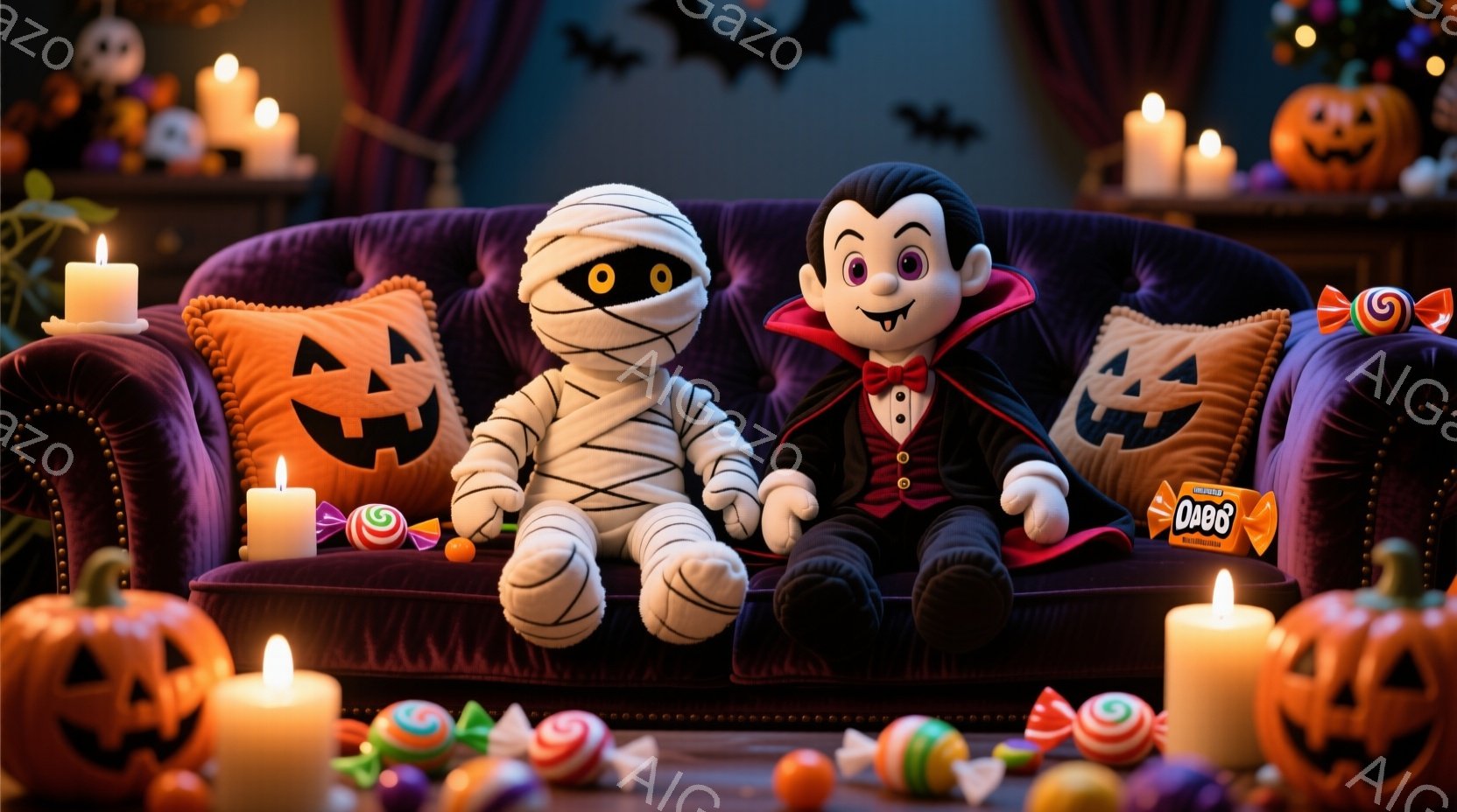 鮮やかなオレンジ色の背景に、ハロウィーンの装飾が施された部屋の中央に、ミイラと吸血鬼のぬいぐるみが紫色のソファに座っています。ミイラは包帯で覆われ、吸血鬼は黒いスーツと赤いマントを着ており、どちらも愛らしい表情をしています。部屋にはカボチャのランタン、キャンディ、ろうそくが散りばめられ、ハロウィーンの楽しい雰囲気を醸し出しています。