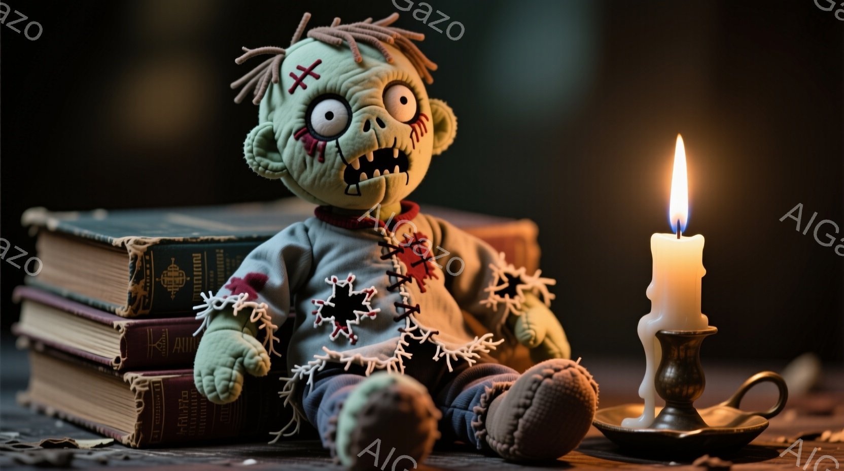 古びた本の上に座っている、縫い目だらけの不気味な人形が写っている。人形は緑色の肌をしており、赤いストライプのセーターを着て、目の周りには不気味な隈取があり、縫い目と糸で縫い合わされている。背景には暗い影があり、ろうそくの光が差し込み、不気味で幽玄な雰囲気を醸し出している。