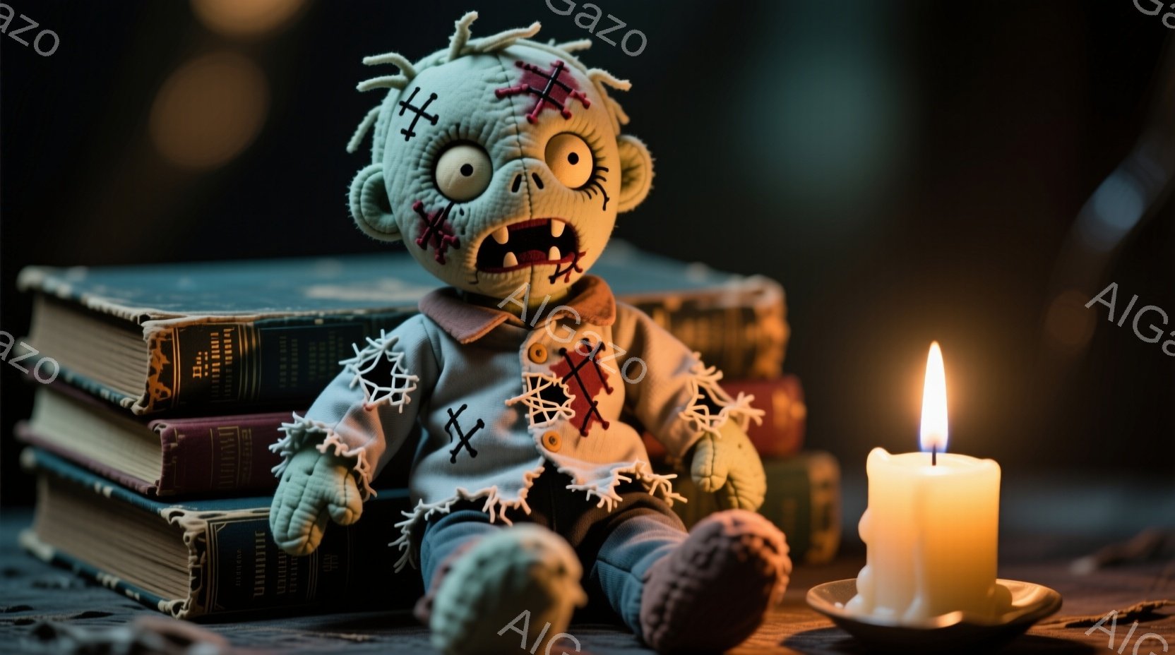 縫いぐるみのモンスターが古書の山に座っており、その表情は驚きと恐怖が入り混じっている。モンスターは破れた青いズボンと、X字型の縫い目のある白いシャツを着ており、顔には赤い縫い目と不気味な笑顔がある。背景は暗く、ろうそくの炎が不気味な雰囲気を醸し出している。