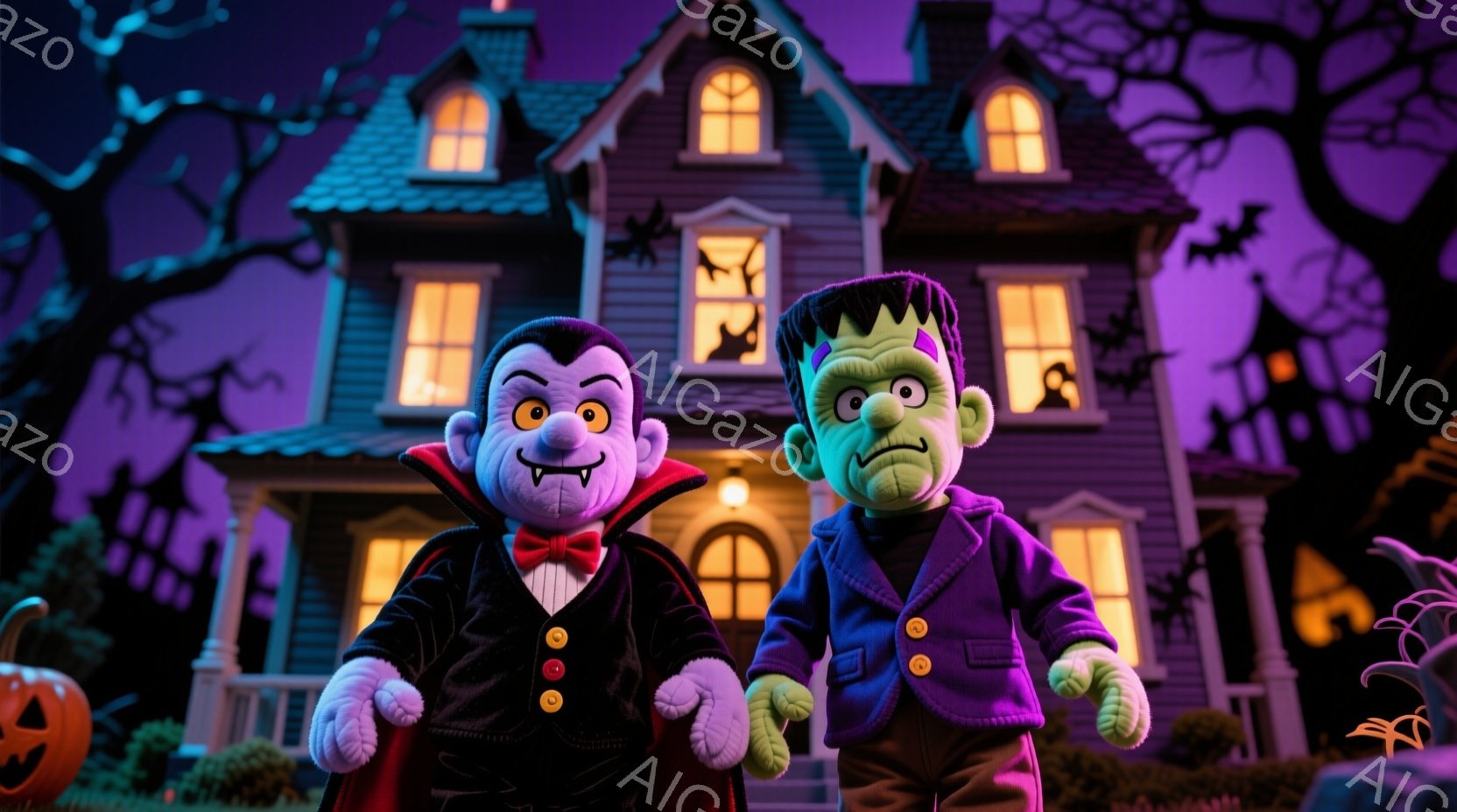 吸血鬼とフランケンシュタインのモンスターが、不気味な屋敷の前で肩を並べて立っています。吸血鬼は黒いスーツに赤いマント、整髪された髪で、自信に満ちた微笑みを浮かべています。背景には、暗い夜空とシルエット - AI生成フリー素材