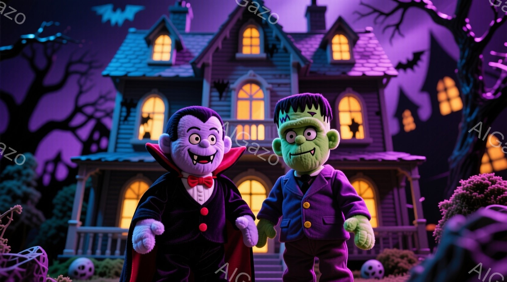 鮮やかな紫色の背景に、カラフルな毛むくじゃらのモンスターたちが飛び跳ねています。オレンジ、緑、紫、ピンクのモンスターたちは皆、笑顔で手を広げ、楽しそうな様子です。下には、ハロウィーンを連想させるパンプキンやカラフルなブロックが配置され、お祭り騒ぎのような陽気な雰囲気を醸し出しています。