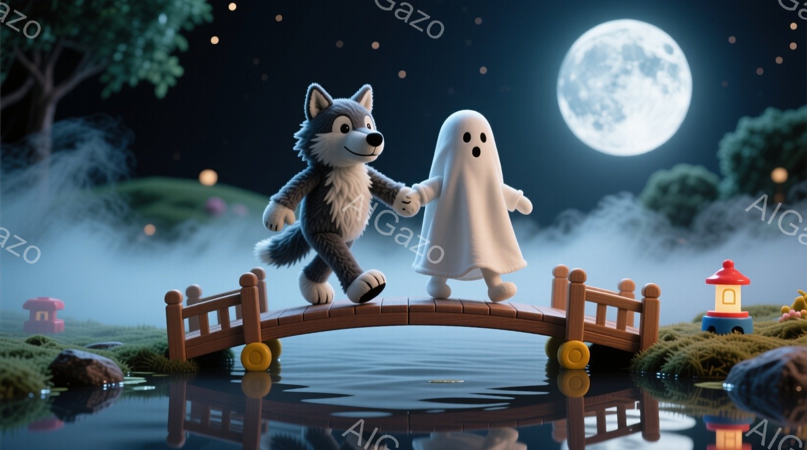 満月の夜、小さな木製の橋の上を、狼のキャラクターと幽霊のキャラクターが手をつないで歩いています。背景には緑の丘、赤い灯台のような建物、そして水面に映る橋の姿があり、幻想的な雰囲気です。全体的に可愛らし - AI生成フリー素材
