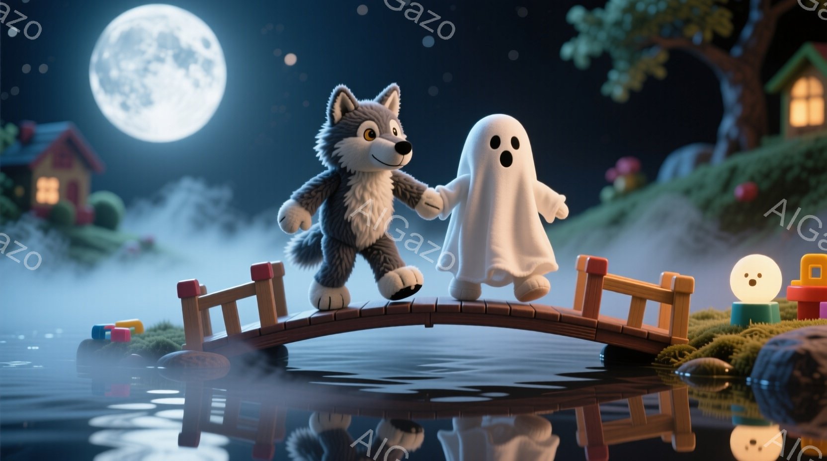 狼のキャラクターと幽霊のキャラクターが、苔むした小さな橋の上を歩いています。背景には、可愛らしい家々が点在し、夜空には満月が輝き、霧が立ち込めて幻想的な雰囲気を醸し出しています。橋の周りにはカラフルな - AI生成フリー素材