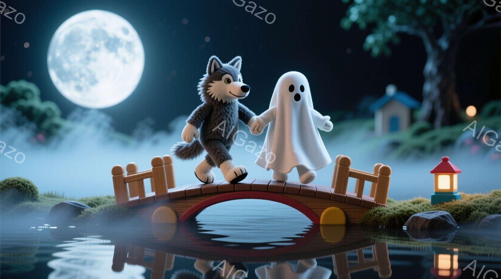 小さな橋の上を、毛皮で覆われた狼と幽霊が手をつないで歩いています。背景には、霧のかかった池、小さな家、そして丸い満月が見え、夜の静かで幻想的な雰囲気を醸し出しています。池の周りには岩や灯篭が配置され、 - AI生成フリー素材