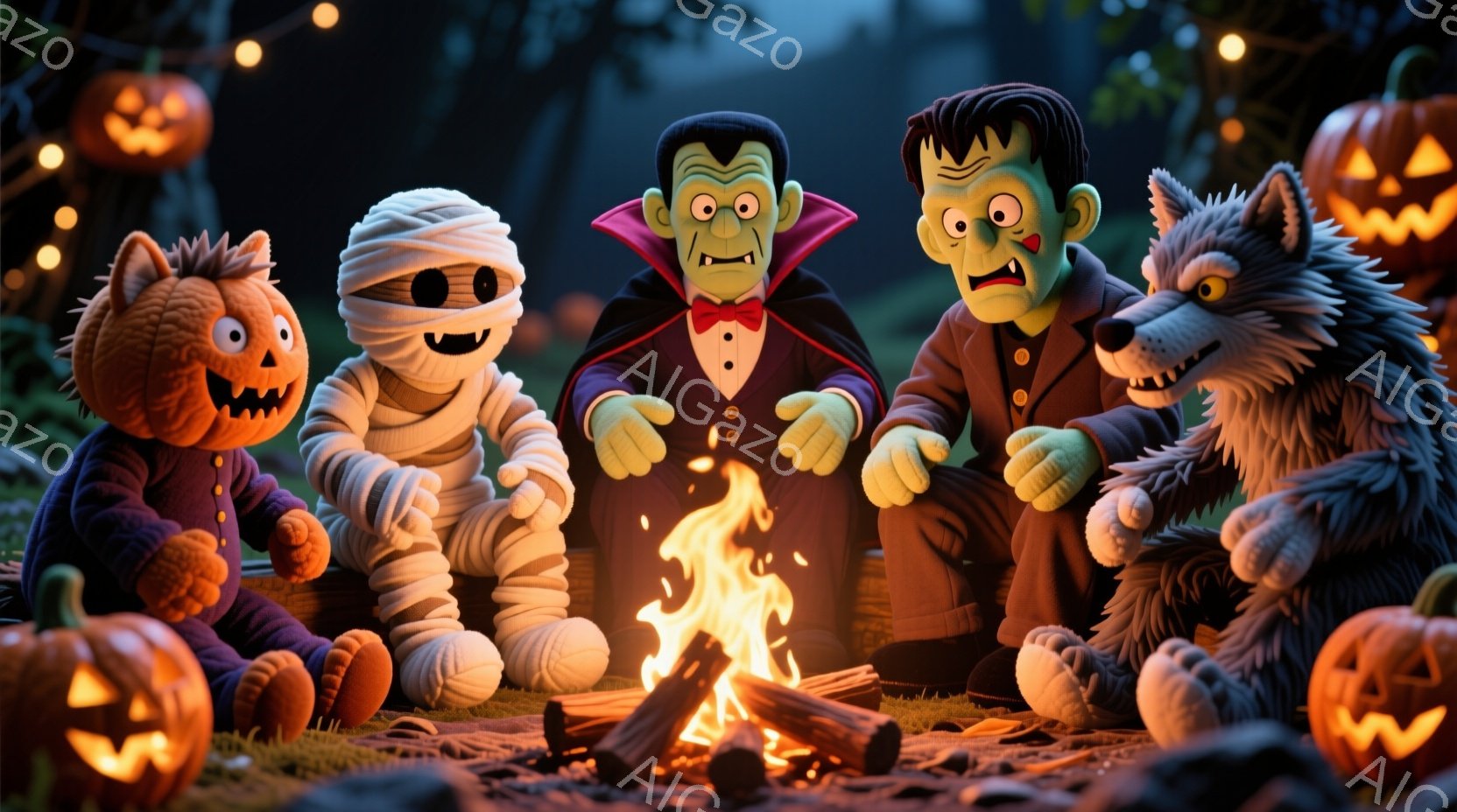 ハロウィーンのキャラクターたちが焚き火を囲んでいます。フランケンシュタイン、ミイラ、狼男、そしてジャック・オー・ランタンのような猫が、夜の自然の中で暖を取りながら集まっています。背景には、ハロウィーンのランタンが点灯し、秋の夜の趣のある雰囲気を演出しています。