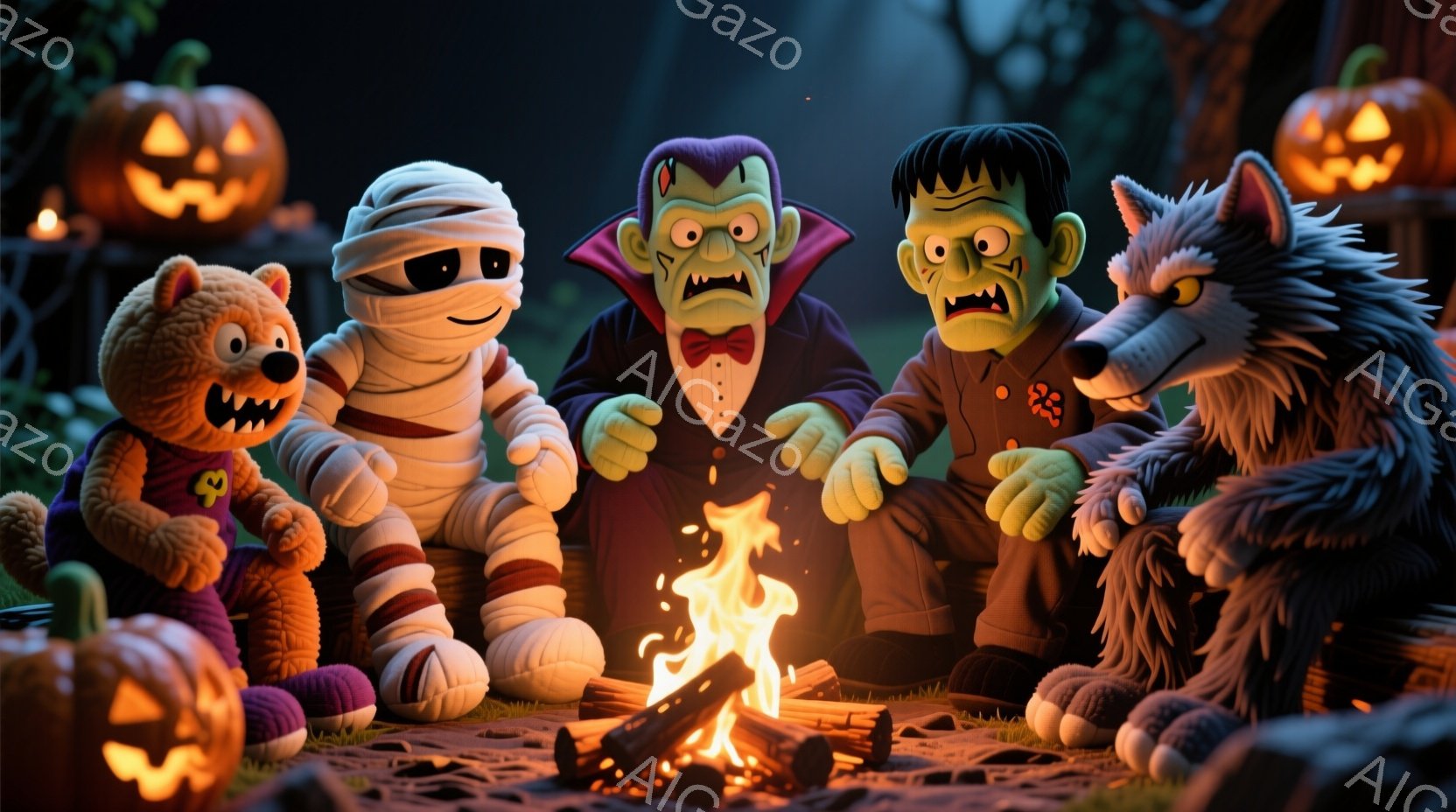 舞台中央には、フランケンシュタインのモンスター、狼男、幽霊の３人がバンドを組んで演奏している様子が描かれています。フランケンシュタインは電気ギターを弾き、狼男はドラムセットを叩き、幽霊はシンバルを持っ - AI生成フリー素材