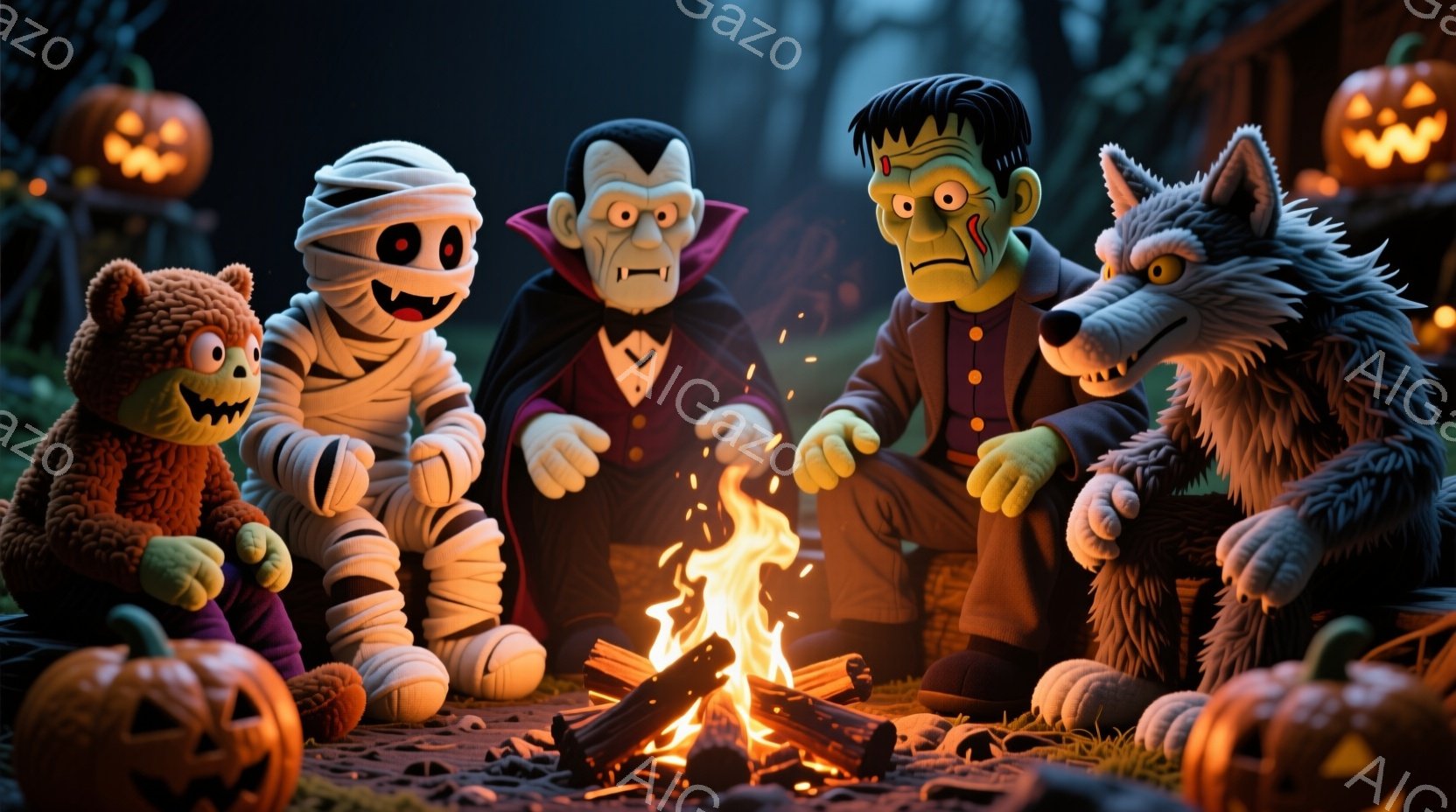 ハロウィーンをテーマにした可愛らしいキャラクターたちが、かがり火を囲んで座っています。ミイラ、ドラキュラ、フランケンシュタイン、狼男、そして小さなオレンジ色のモンスターが、それぞれ独特の衣装と表情で、 - AI生成フリー素材