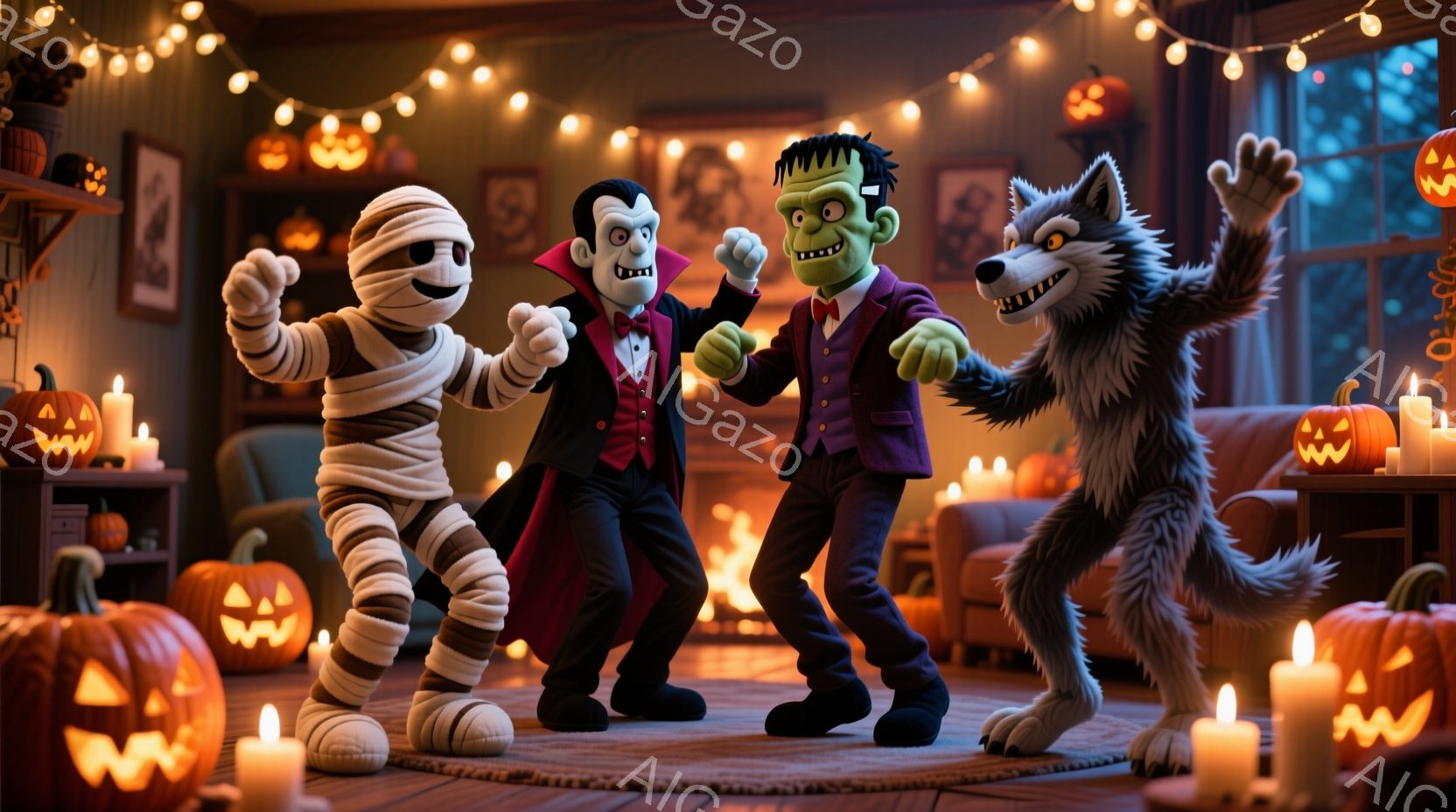 ハロウィーンの装飾が施されたリビングルームで、ミイラ男、吸血鬼、フランケンシュタイン、狼男が楽しそうに踊っています。ミイラ男は包帯で全身を覆われ、吸血鬼は黒いスーツに赤いネクタイを締め、フランケンシュタインは緑色の肌にボルトの付いた首で、狼男は毛皮のコートを着ています。背景には、ジャック・オ・ランタン、キャンドル、暖炉、そして窓の外には暗闇が広がっており、お祝いムードを盛り上げています。