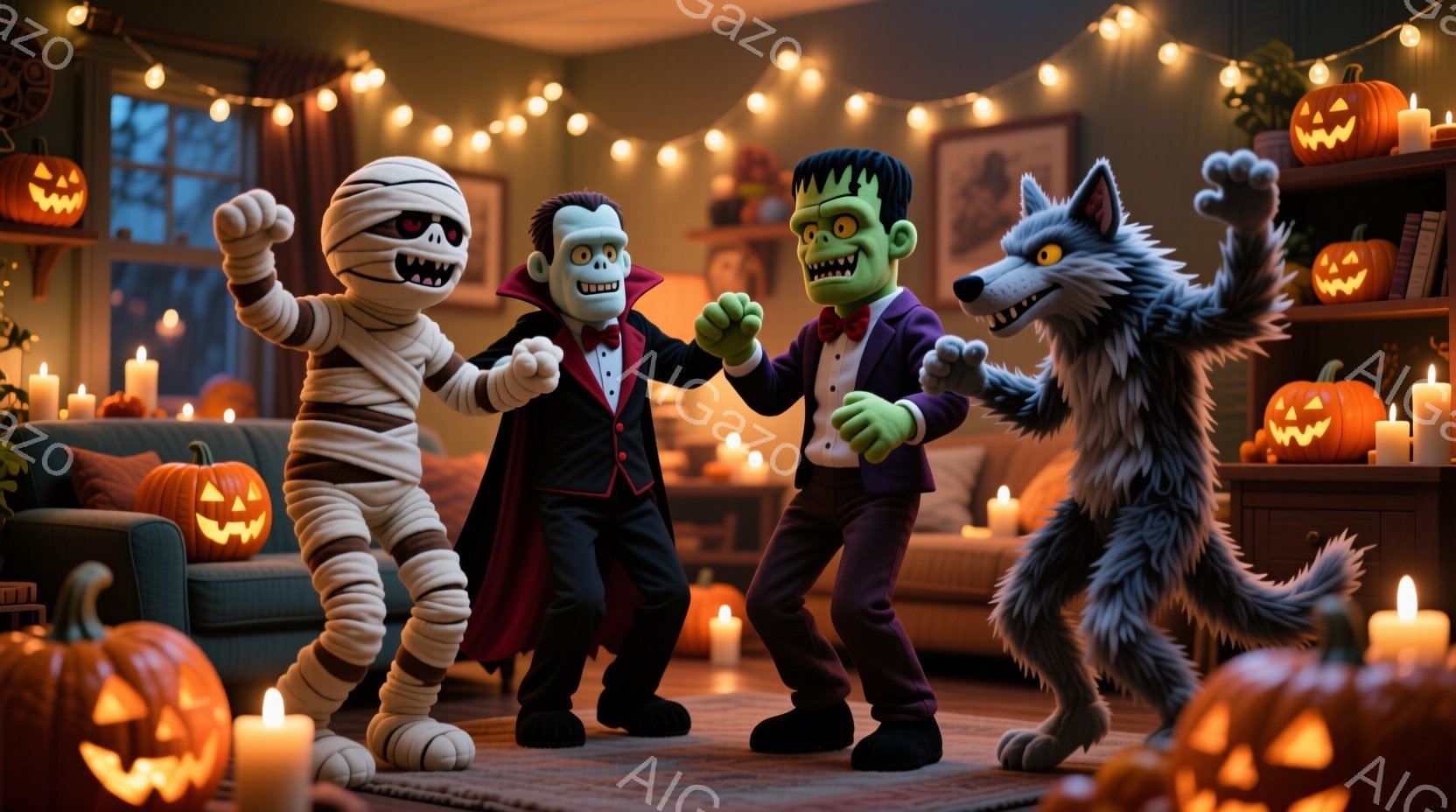ゾンビ、ドラキュラ、フランケンシュタイン、狼男がリビングルームで踊っている様子が描かれています。それぞれハロウィーンらしいコスチュームを身につけ、楽しそうな表情をしています。背景には、ハロウィーンの装 - AI生成フリー素材