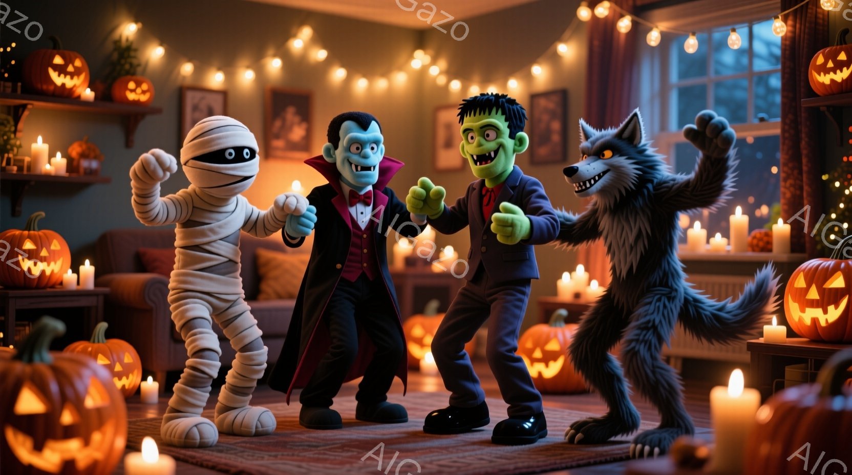 ハロウィーンの装飾が施された室内で、ミイラ、ドラキュラ、フランケンシュタイン、狼男の姿をしたキャラクターたちが踊っています。ミイラは包帯で全身を覆われ、ドラキュラは黒いスーツと赤いマントを身につけ、フ - AI生成フリー素材