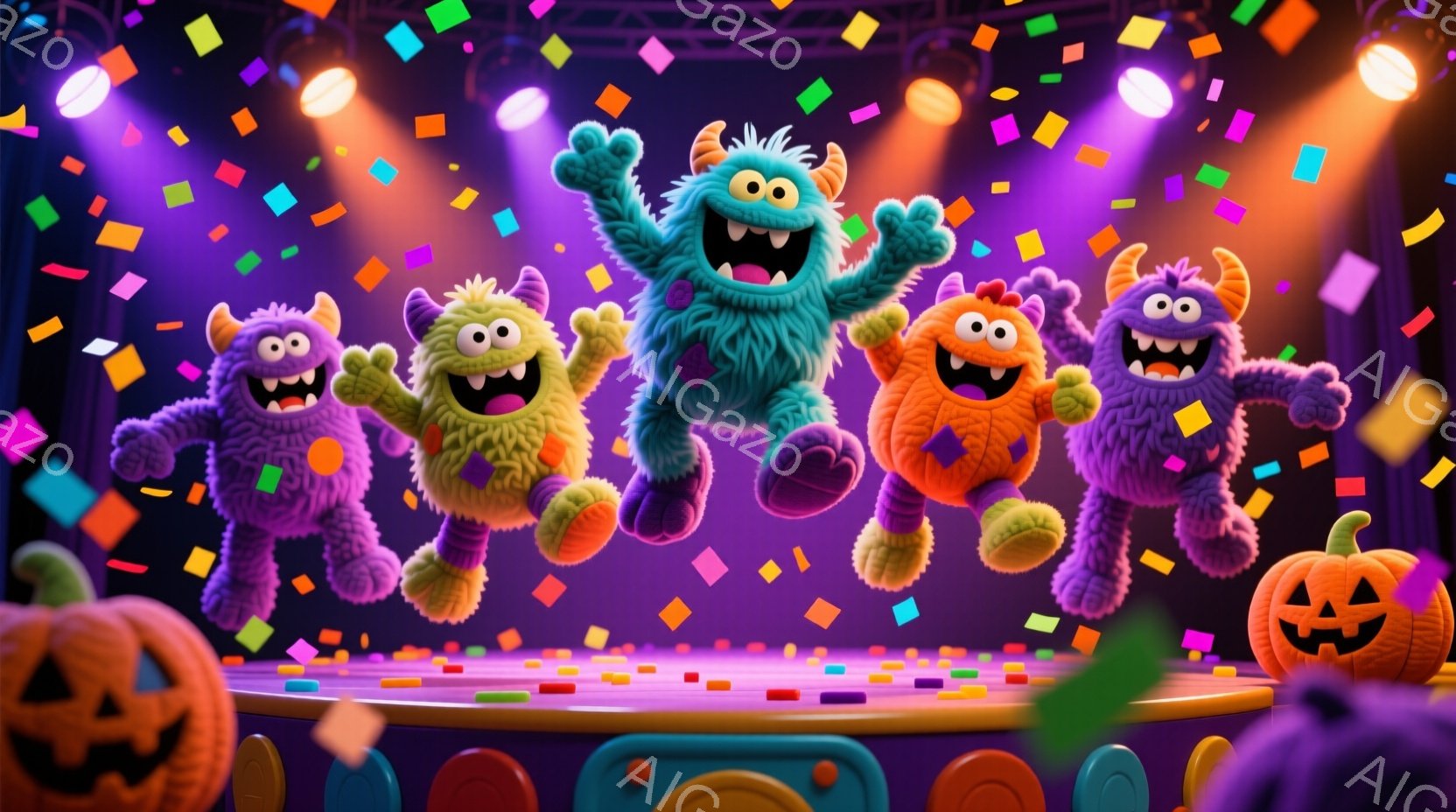 鮮やかな紫色の背景に、カラフルな毛むくじゃらのモンスターたちが飛び跳ねています。それぞれ異なる色のモンスターは、大きな笑顔と大きな目を持っており、楽しそうな雰囲気を醸し出しています。下にはオレンジと青 - AI生成フリー素材