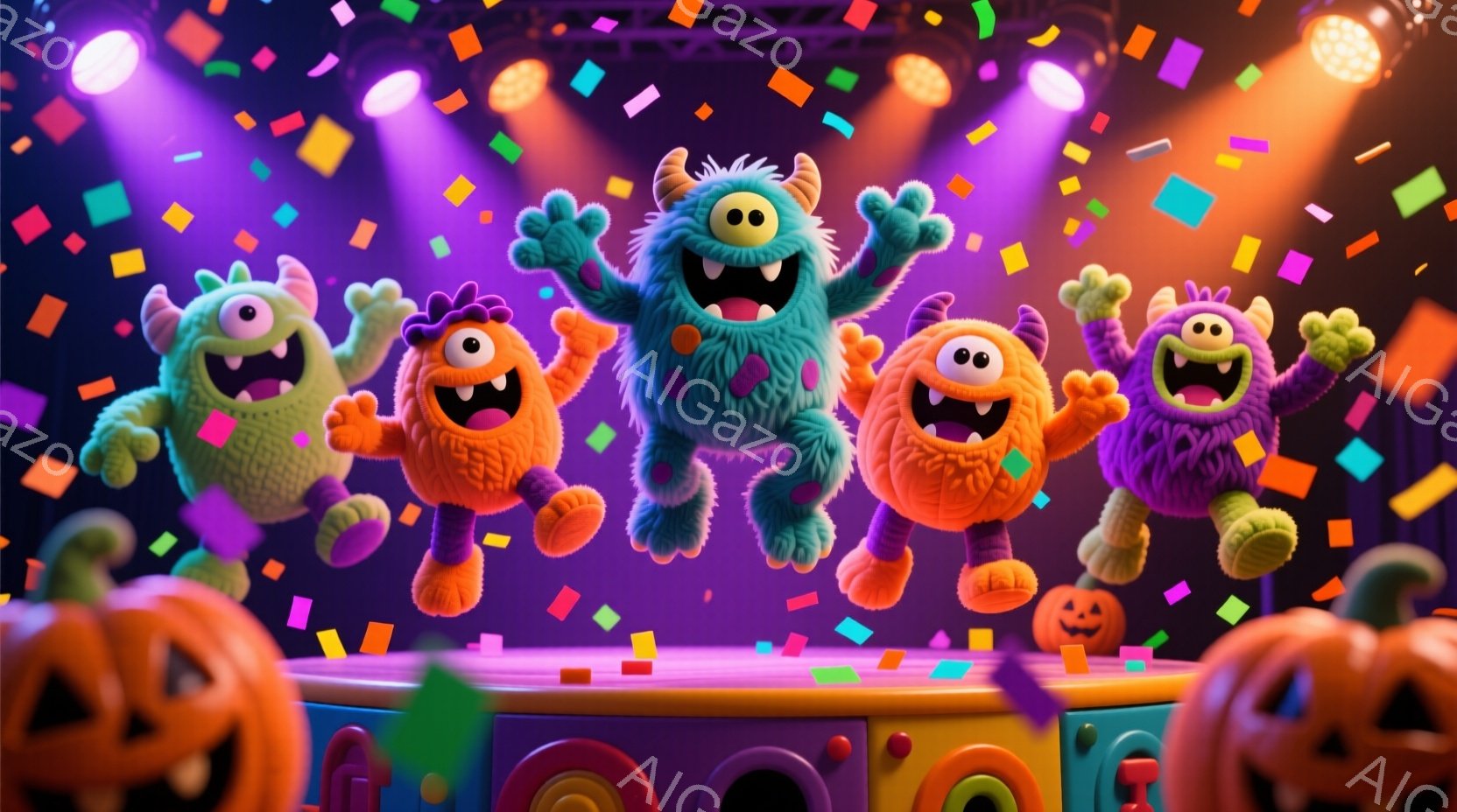 明るい紫色の背景に、カラフルなモンスターたちが飛び跳ねて楽しんでいます。それぞれのモンスターは異なる色と毛並みを持っており、皆笑顔で興奮した表情をしています。背景には紙吹雪が舞い、下にはパンプキンが配 - AI生成フリー素材