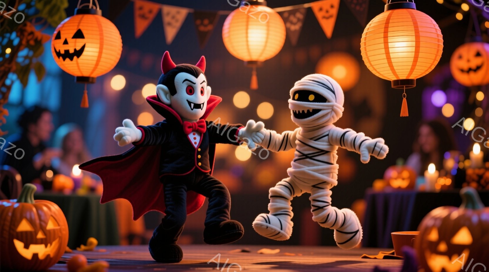 ハロウィーンの装飾で彩られたパーティー会場で、吸血鬼とミイラのコスチュームを着たキャラクターが楽しそうに踊っています。吸血鬼は黒いスーツに赤いマント、ミイラは包帯で全身を覆っており、それぞれ明るい表情を浮かべています。背景には、かぼちゃのランタンやパーティーのテーブルが見え、お祭り騒ぎの楽しい雰囲気が漂っています。