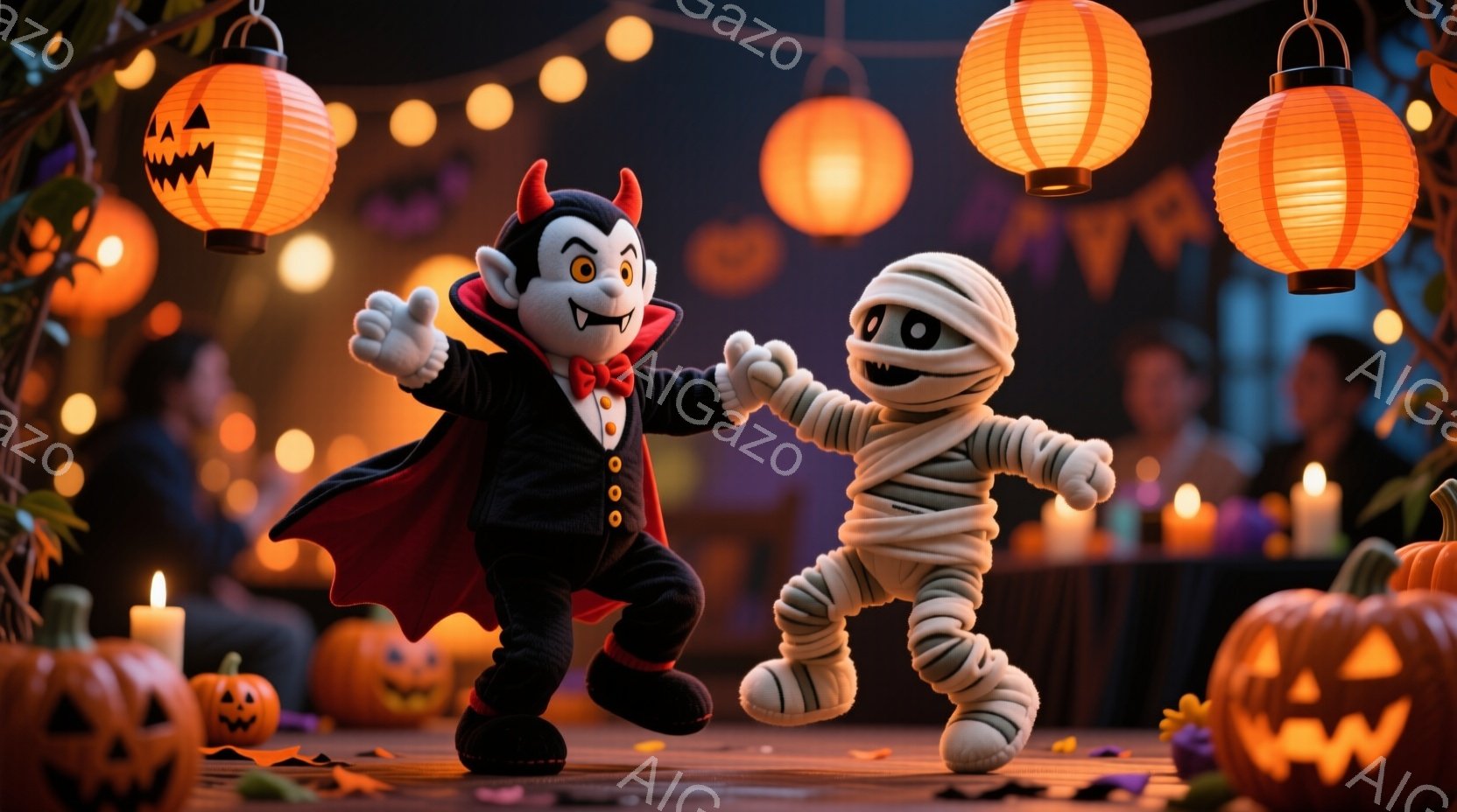 吸血鬼とミイラが手をつないで踊っている姿が描かれています。吸血鬼は黒いスーツに赤いマントを羽織り、整髪された黒髪と笑顔を見せています。背景には、ハロウィーンの飾り付けであるカボチャのランタンやろうそく - AI生成フリー素材
