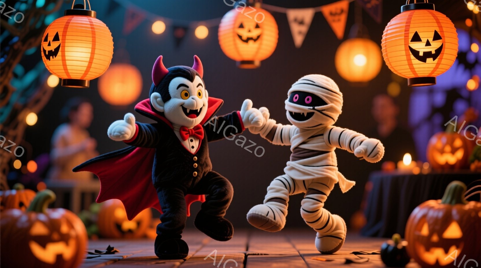 ハロウィーンの装いをした2つのキャラクターが写っています。片方は黒いスーツに赤いケープ、吸血鬼風の髪型で、楽しそうに片手を上げています。もう片方は包帯でぐるぐる巻きになったミイラで、同じように片手を上 - AI生成フリー素材