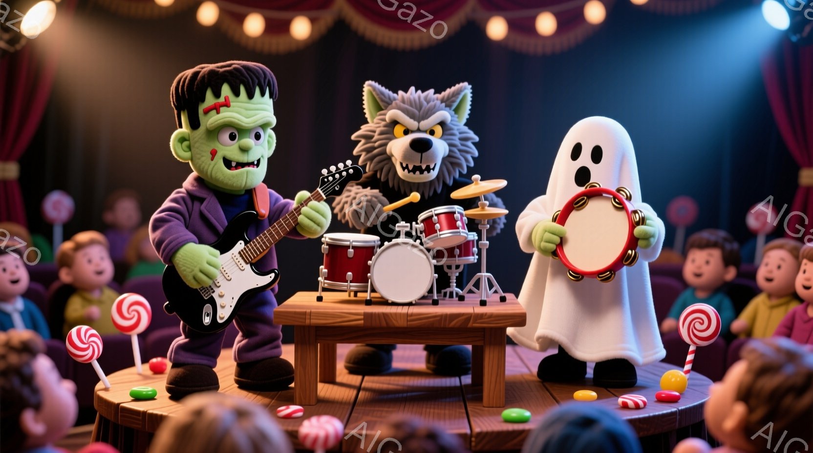 フランケンシュタインのモンスターが黒いエレキギターを弾き、お化けがタンバリンを叩いて演奏しています。観客席にはキャンディを持った子供たちが座っており、背景には赤いカーテンとたくさんのカラフルな棒付きキ - AI生成フリー素材