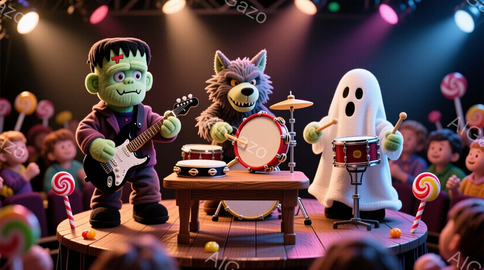 ハロウィーンをテーマにした可愛らしいイラストで、ステージ上にはフランケンシュタイン、狼男、幽霊のモンスターたちがバンド演奏をしている様子が描かれています。フランケンシュタインはギターを弾き、狼男はドラムセットを演奏、幽霊はシンバルを叩いており、観客席にはカラフルなキャンディを持った子供たちが笑顔で囲んでいます。ステージは丸い木製のプラットフォームで、背景は暗く、スポットライトが当たり、楽しいお祭り気分の雰囲気が漂っています。