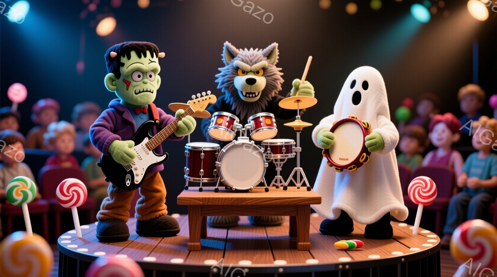 フランケンシュタインのモンスター、オオカミ男、幽霊がステージで演奏している様子が描かれています。フランケンシュタインはギターを弾き、オオカミ男はドラムを叩き、幽霊はマラカスを振っています。背景には観客とカラフルなキャンディが並び、明るく陽気な雰囲気です。