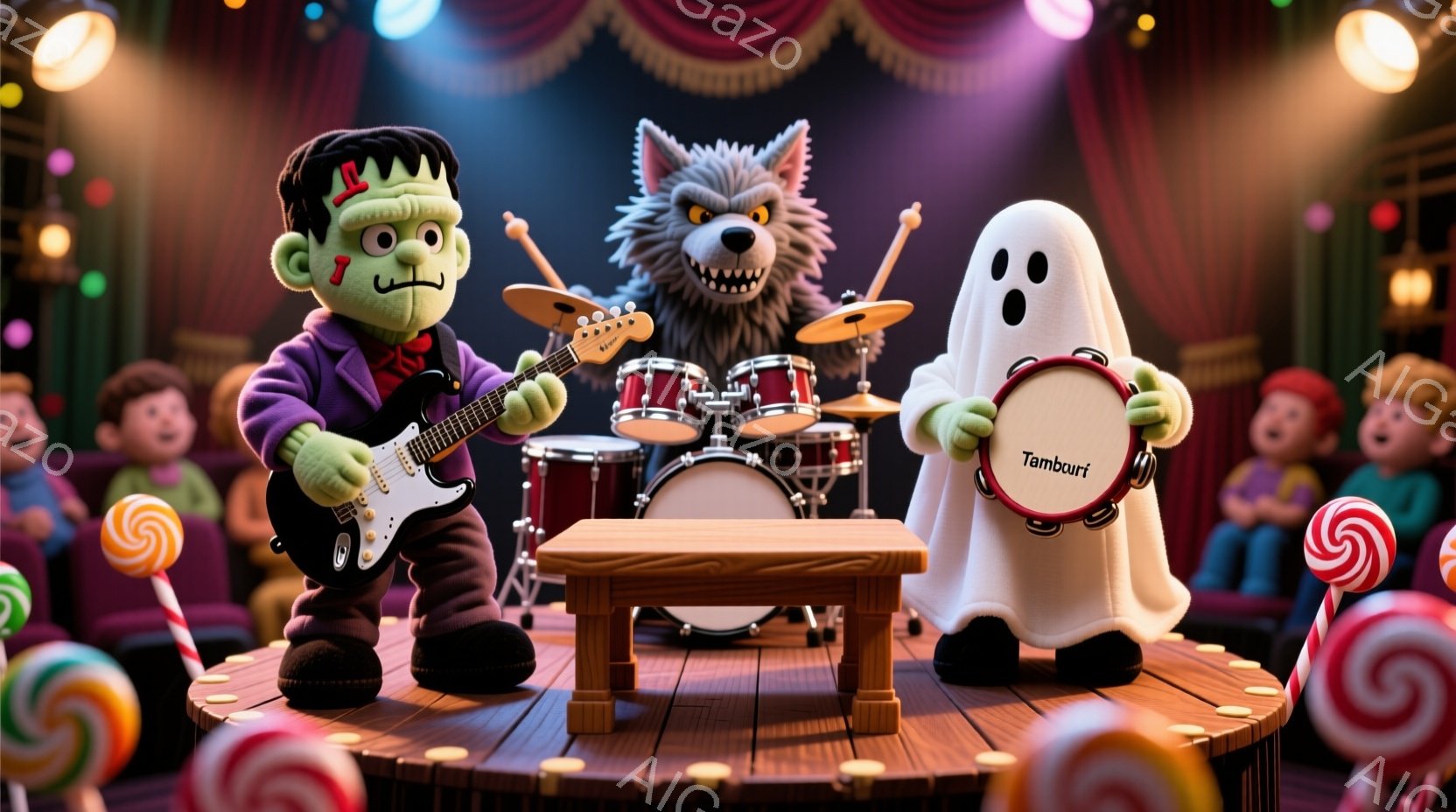 フランケンシュタインのモンスターが紫色のジャケットとスラックスを着てギターを弾き、狼男がドラムセットを演奏しています。白い幽霊はタンバリンを持って微笑んでいます。背景には、キャンディーや観客のシルエッ - AI生成フリー素材
